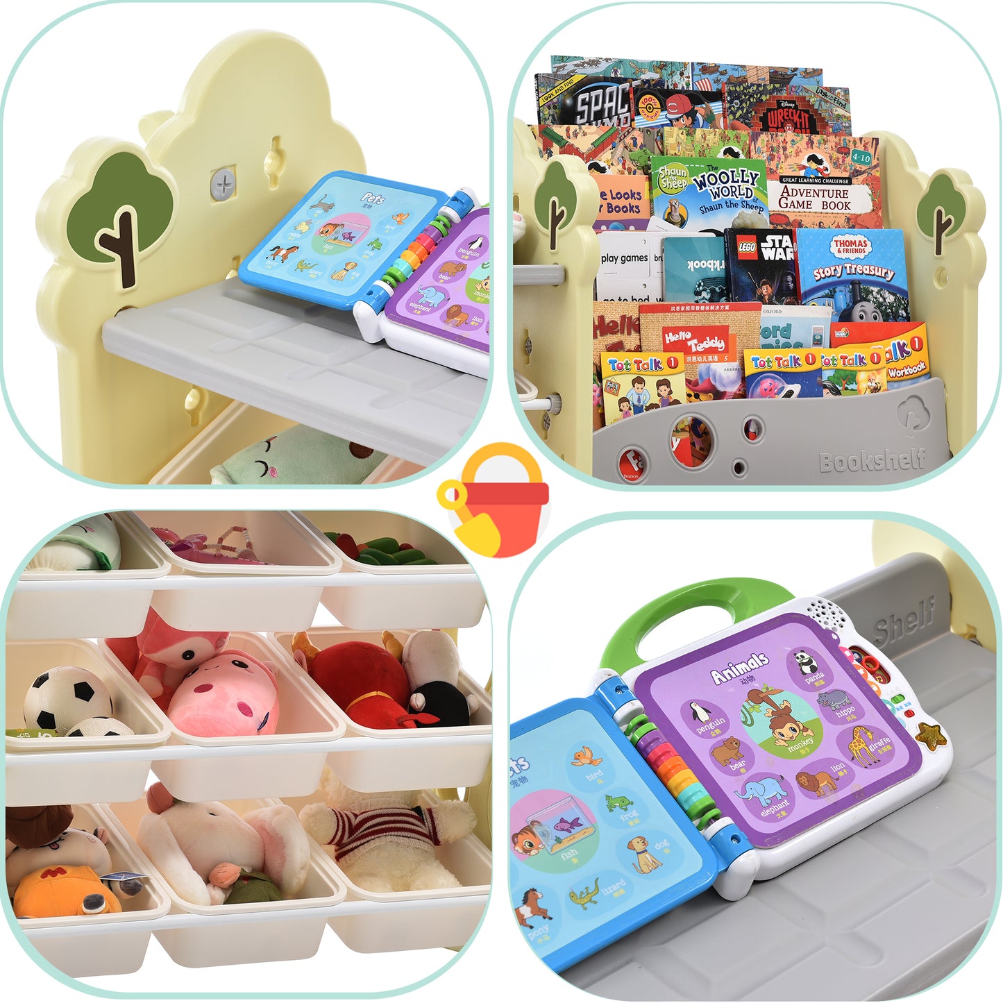 Kids Bookshelf Toy Storage Organizer: 12 Bins, 4 Bookshelves, Multi-functional Nursery Organizer, HDPE Shelf and Bins
