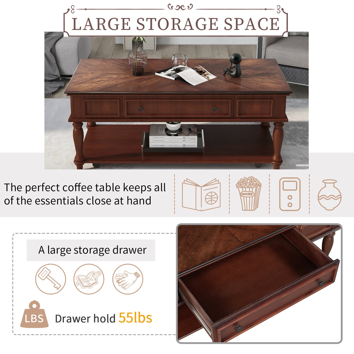 Retro Cocktail Table Coffee Table for Livingroom - Easy Assembly, Movable & Stylish with Caster Wheels - Espresso Finish