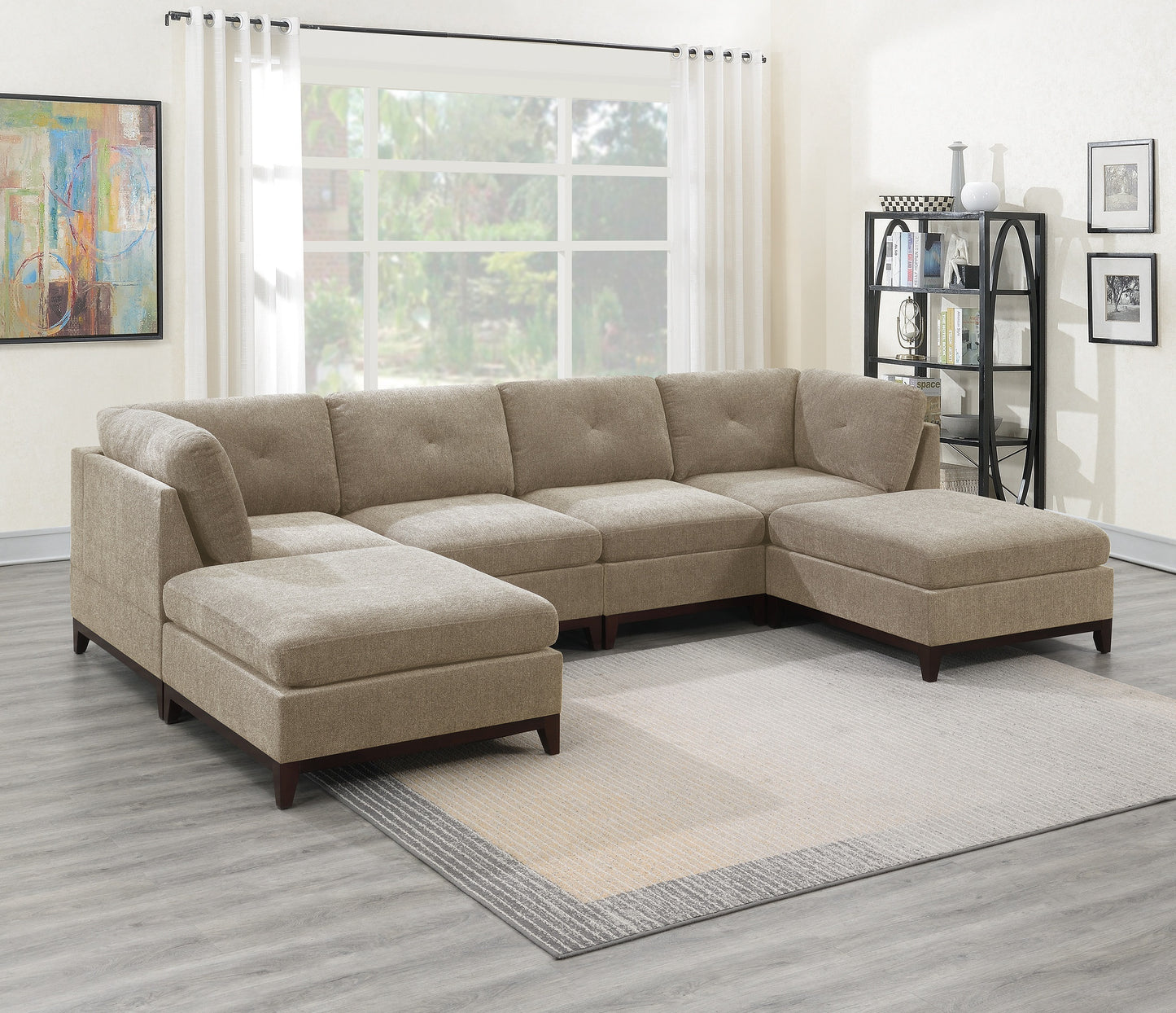 Camel Chenille Fabric Modular Sectional 6pc Set: U-Sectional Couch, Tufted Back, Exposed Wooden Base - Corner Wedge, Armless Chairs, Ottomans (Size/Color)
