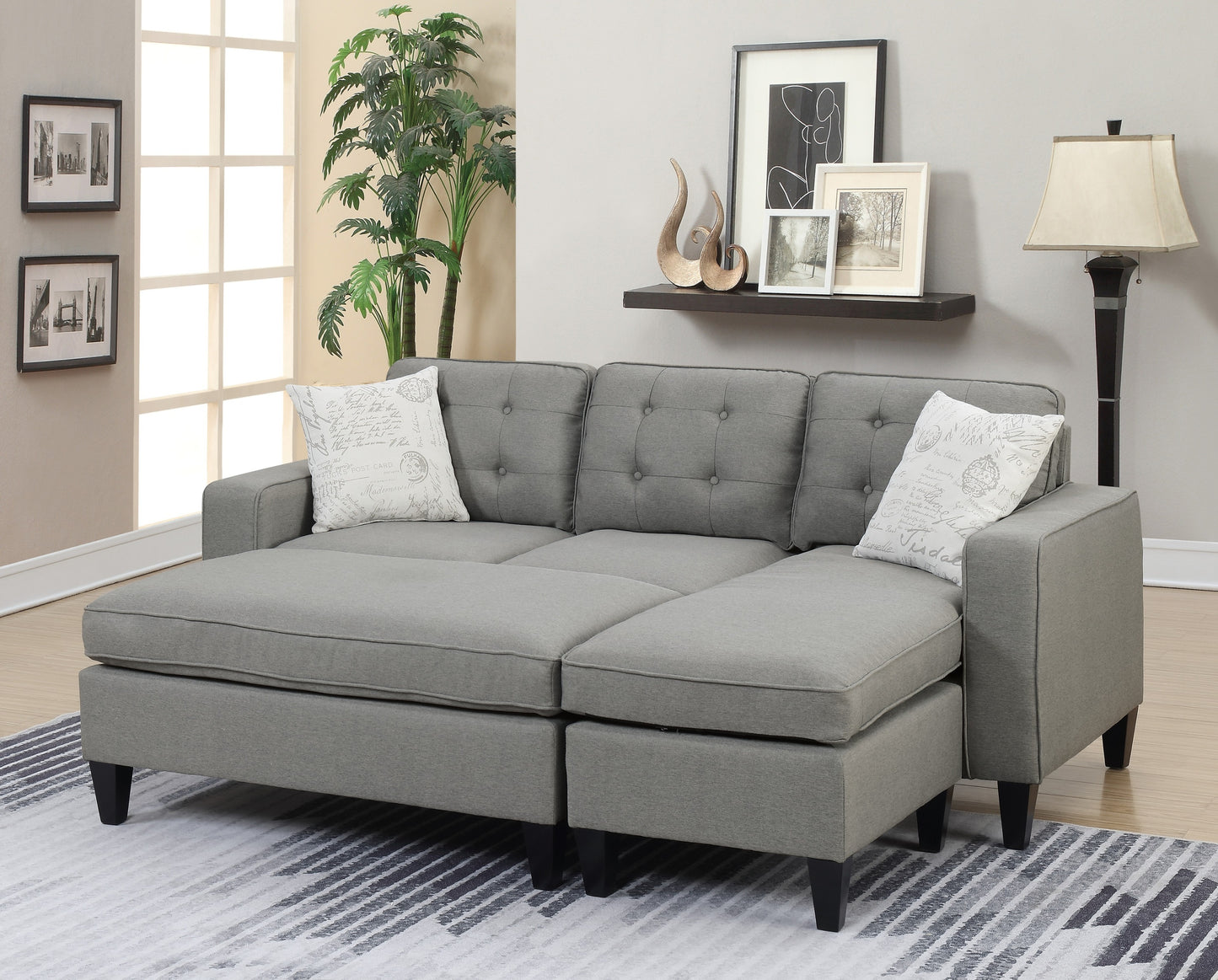 Reversible 3pc Sectional Sofa Set with Light Grey Tufted Polyfiber, Wood Legs, Chaise, Ottoman, Pillows, and Cushion Couch
