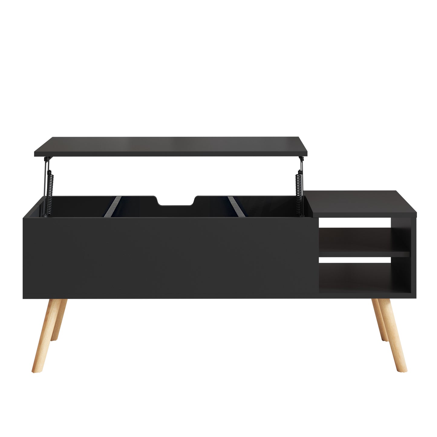 Solid Wood Legs Coffee Table with Hidden Compartment, Adjustable Storage Shelf, and Lift Tabletop - Accent Furniture for Home Decor - Open Storage Shelf - Black Color - Ideal for Living Room