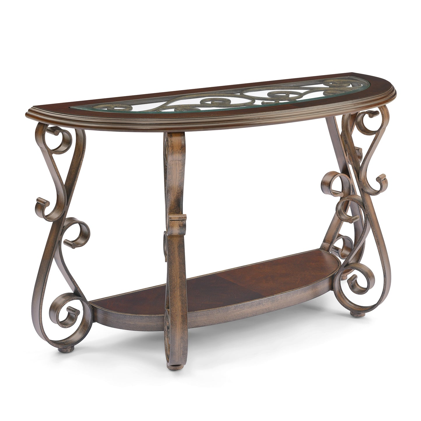 Console Table with Glass Table Top, Powder Coat Finish Metal Legs, Dark Brown - 25.5"X25.5"X23.5"