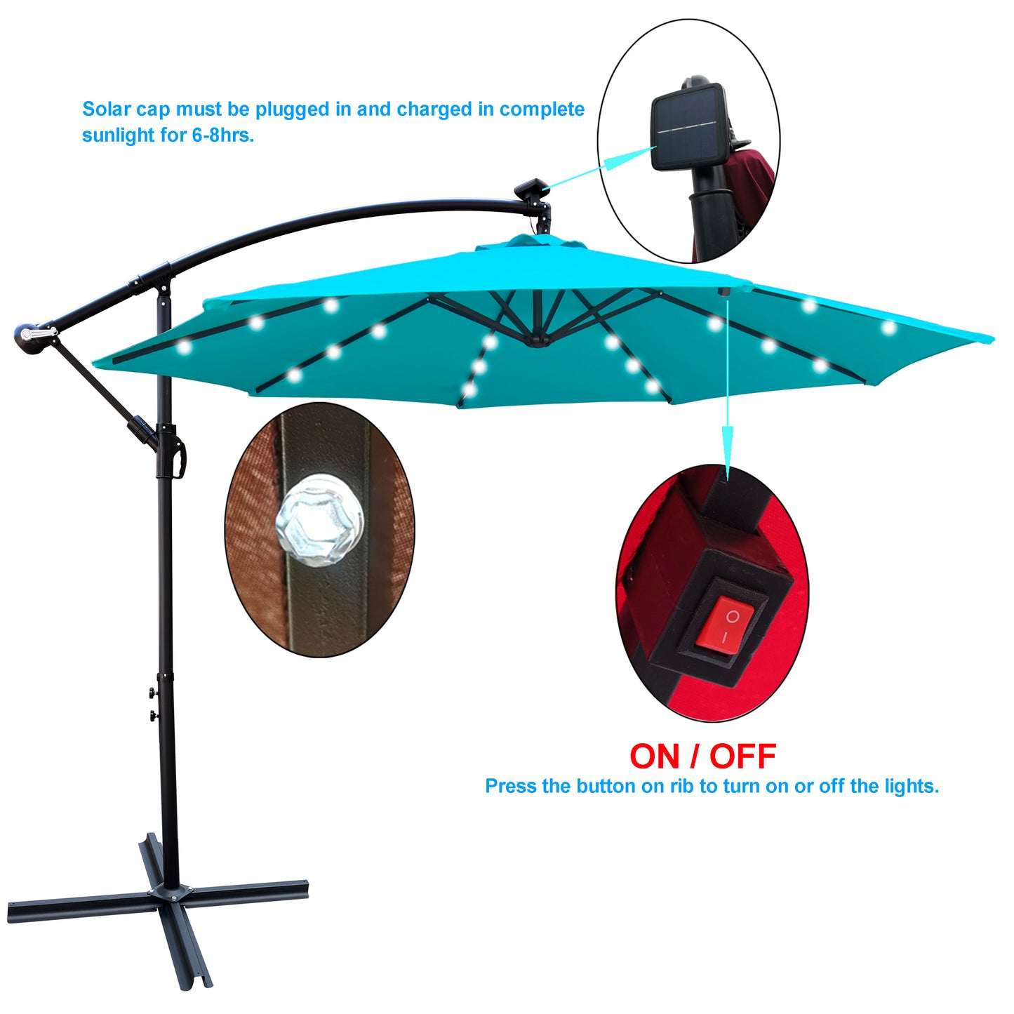 10 ft Outdoor Patio Umbrella Solar Powered LED Lighted Sun Shade Market Waterproof 8 Ribs Umbrella with Crank and Cross Base - Garden Deck Backyard Pool Shade - Outside Deck Swimming Pool - (Color/Size)
