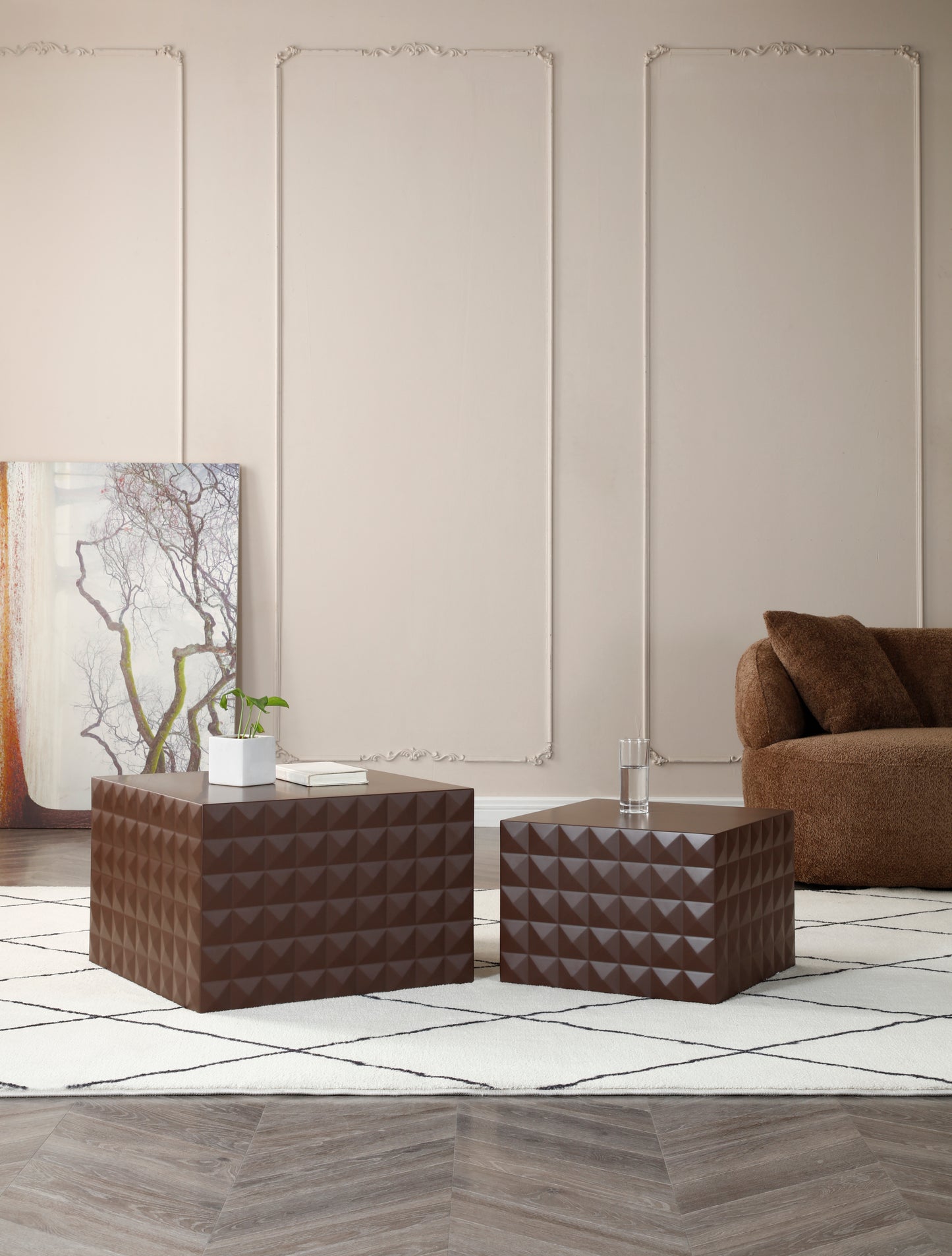 Handcraft Nesting Table Set of 2, MDF Square End/Coffee Table for Living Room - Brown, Space-Saving Design