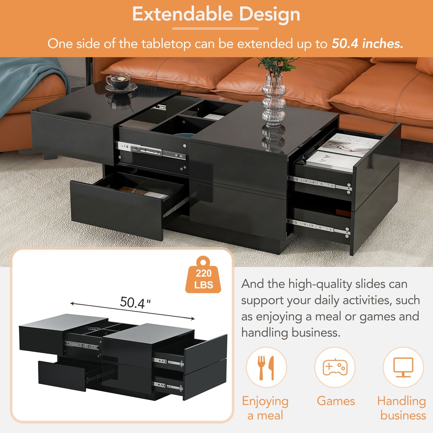 ON-TREND Extendable Coffee Table with 4 Drawers, Hidden Storage, UV High-gloss Center Table, Sliding Top, 35.4"x23.6", Black