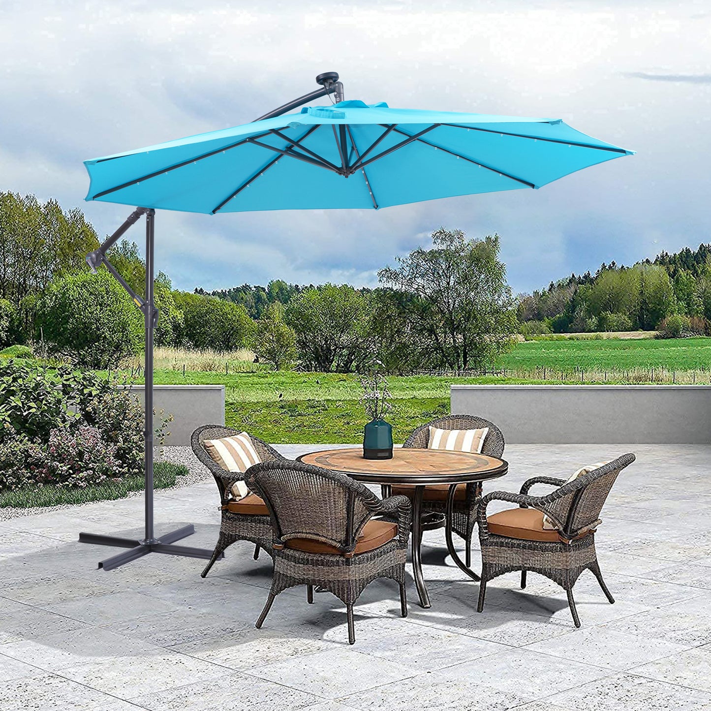 10 FT Solar LED Patio Outdoor Umbrella with 32 LED Lights - Easy Open Adjustment, Hanging Cantilever Offset Design - Ideal for Outdoor Spaces