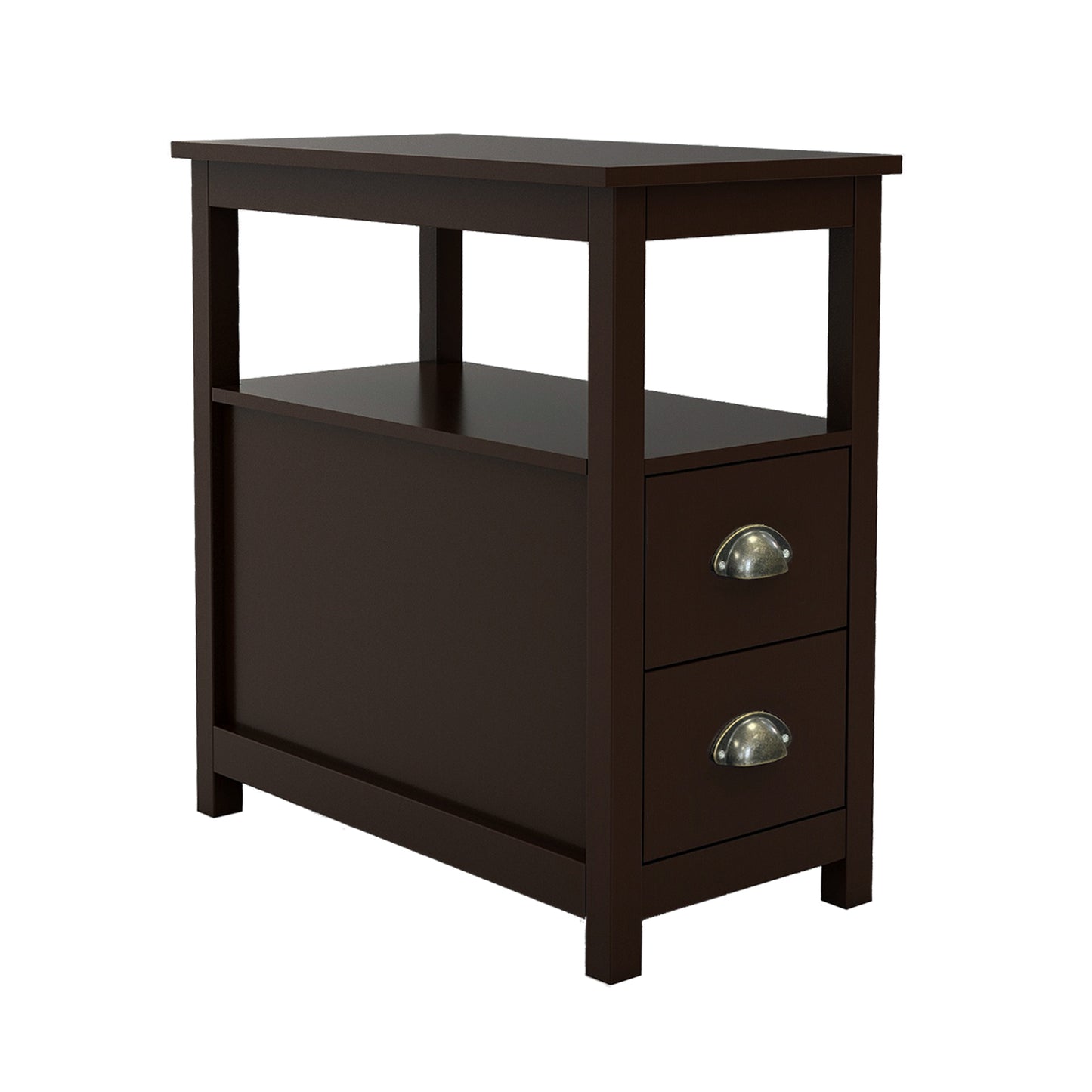 Narrow Nightstand: 2 Drawers, Open Shelf, Brown Color | End Table with Compact Design - 220 Letters