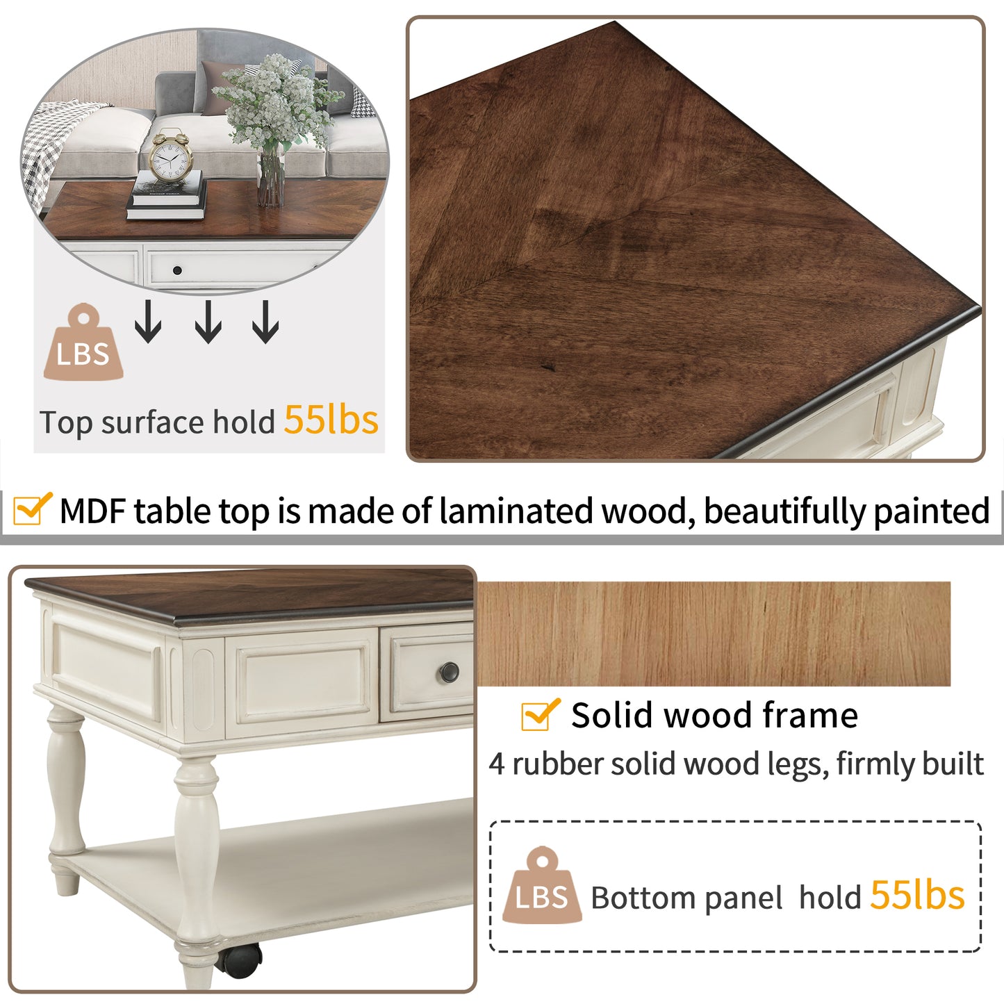 Retro Two-tone Cocktail Table Coffee Table with Caster Wheels | Easy Assembly | Movable | Livingroom Furniture | Antique White Color