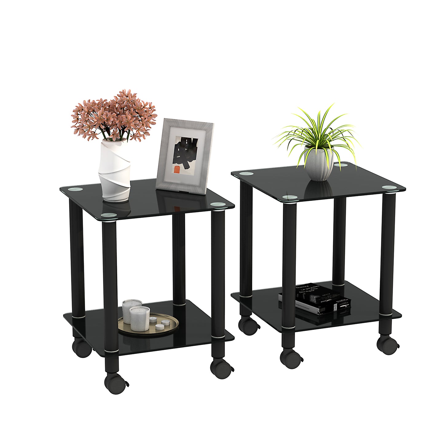 2-Piece Black Side Table: 2-Tier Space End Table, Modern Night Stand with Storage Shelve