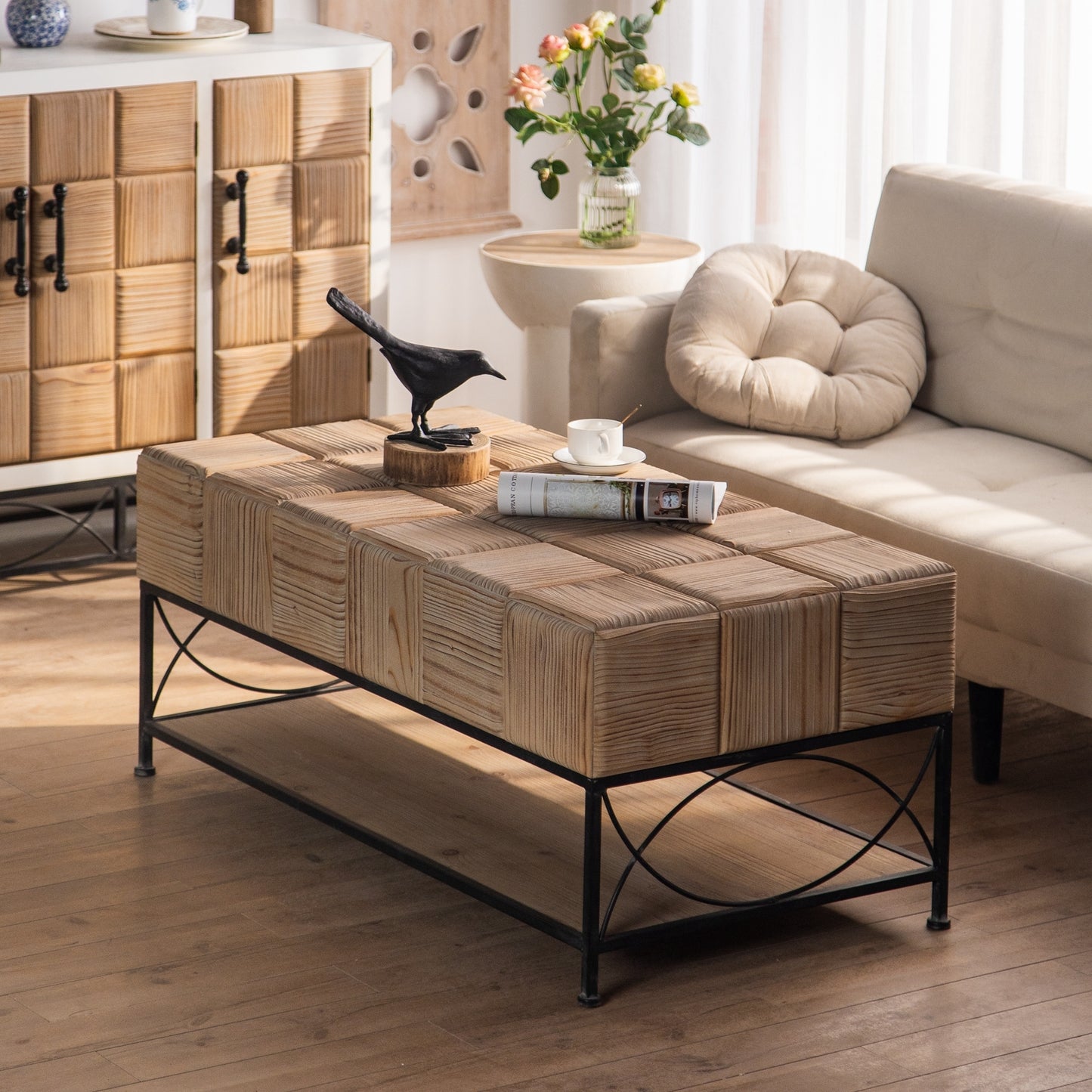 "Retro Square Coffee Table with Small Grid Splicing Design for Living, Office, and Dining Rooms - 47.64" Size"