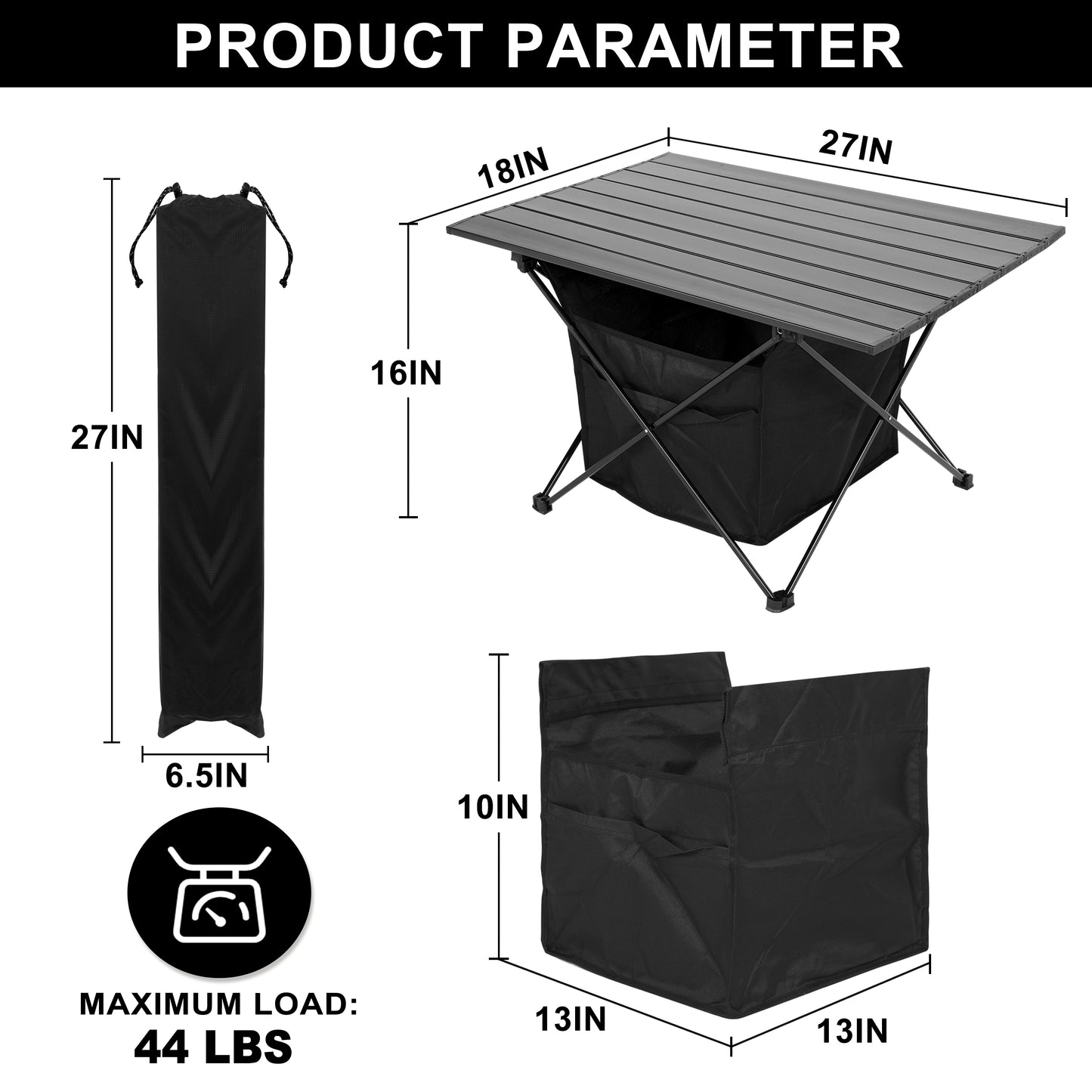 Portable Folding Aluminum Alloy Table with High-Capacity Storage and Carry Bag for Camping, Traveling, Hiking, Fishing, Beach, BBQ - Large, Black
