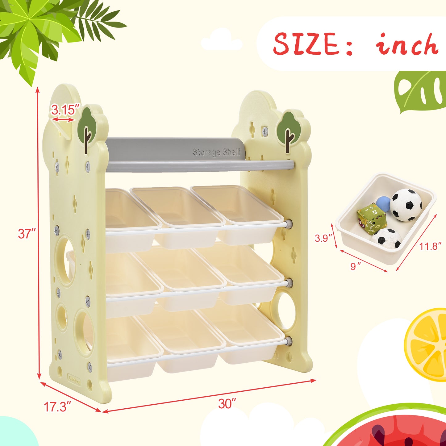 Kids Bookshelf Toy Storage Organizer: 12 Bins, 4 Bookshelves, Multi-functional Nursery Organizer, HDPE Shelf and Bins