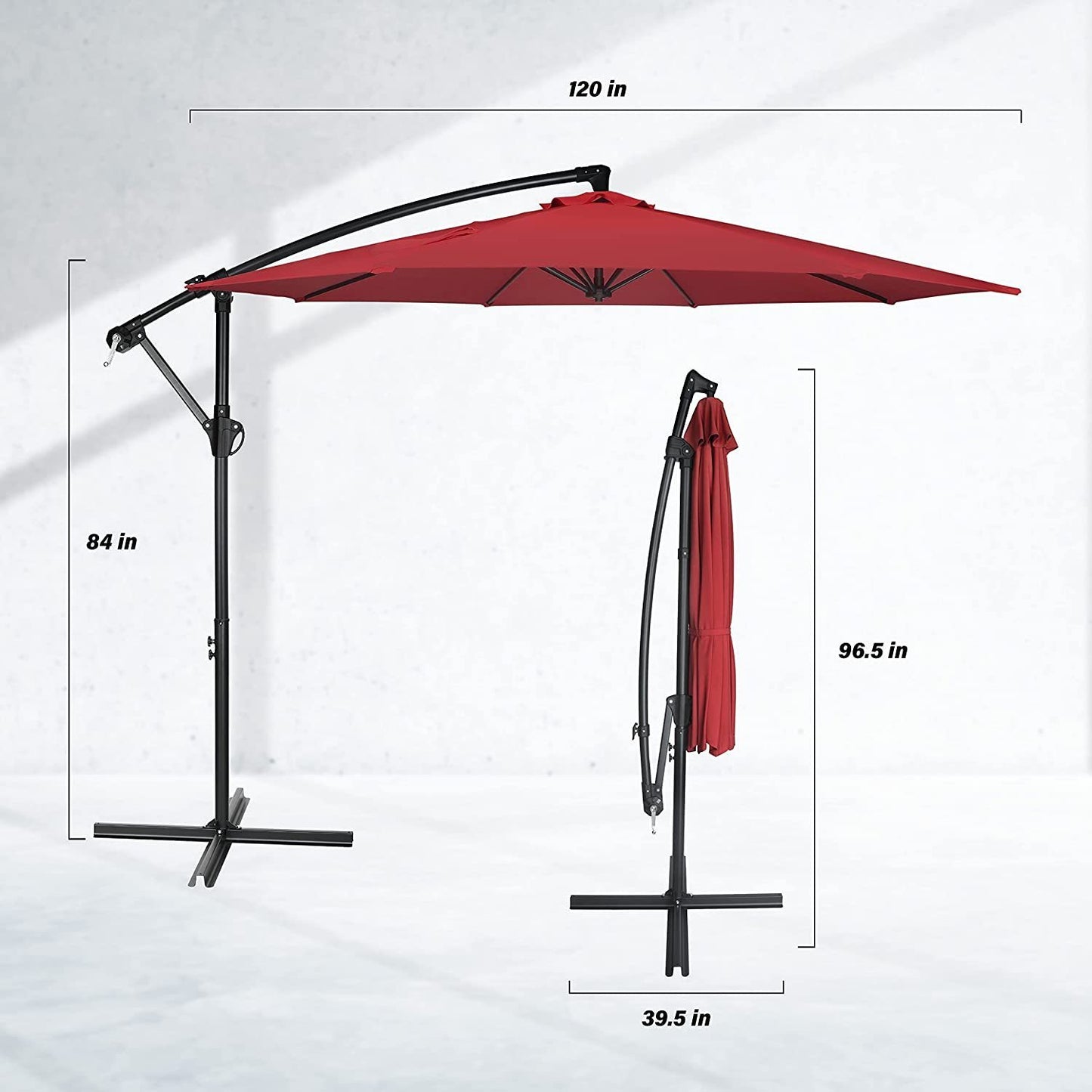 10ft Offset Umbrella Cantilever Patio Hanging Umbrella, Outdoor Market Umbrella with Crank & Cross Base for Garden, Lawn, Backyard, Deck - Red, 10ft Size