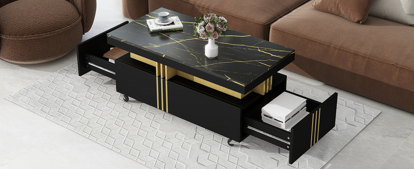 ON-TREND Contemporary Coffee Table, Faux Marble Top, Rectangle Cocktail Table with Caster Wheels, Moderate Luxury Center Table, Gold Metal Bars, Black