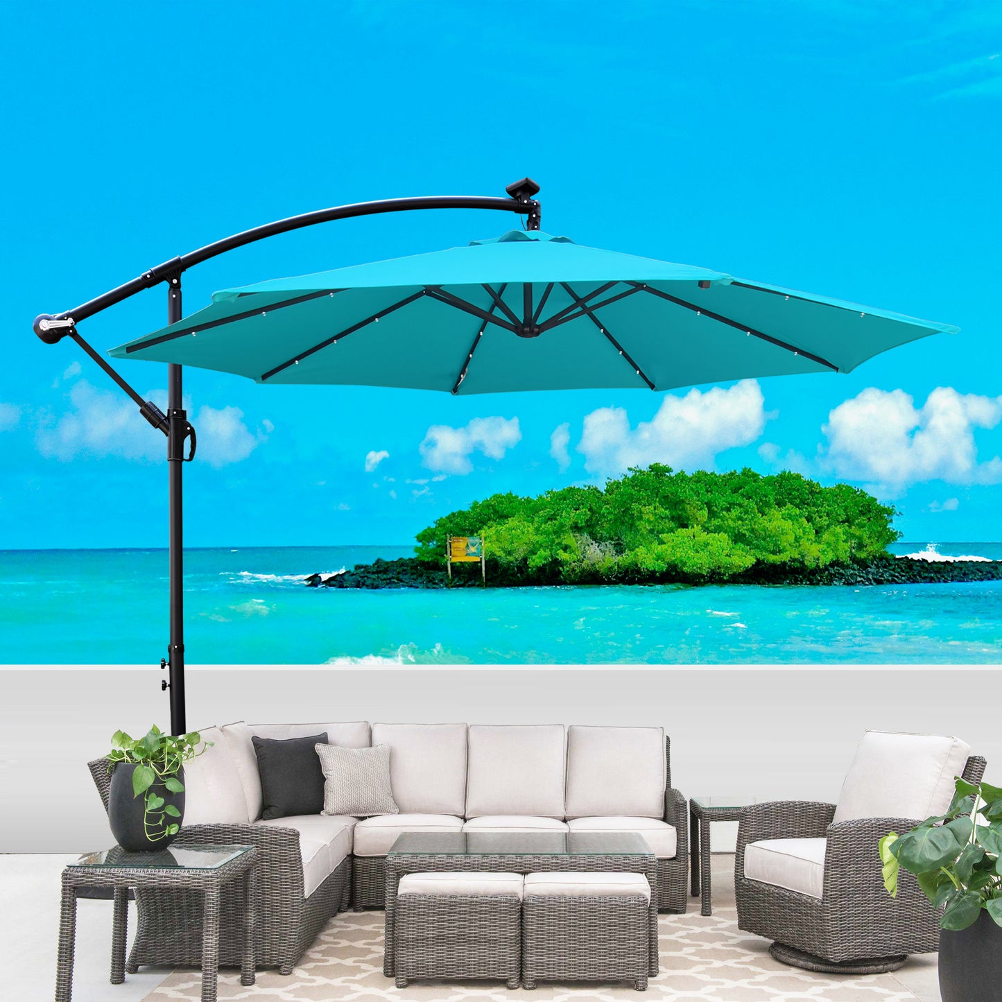 10 ft Outdoor Patio Umbrella Solar Powered LED Lighted Sun Shade Market Waterproof 8 Ribs Umbrella with Crank and Cross Base - Garden Deck Backyard Pool Shade - Outside Deck Swimming Pool - (Color/Size)
