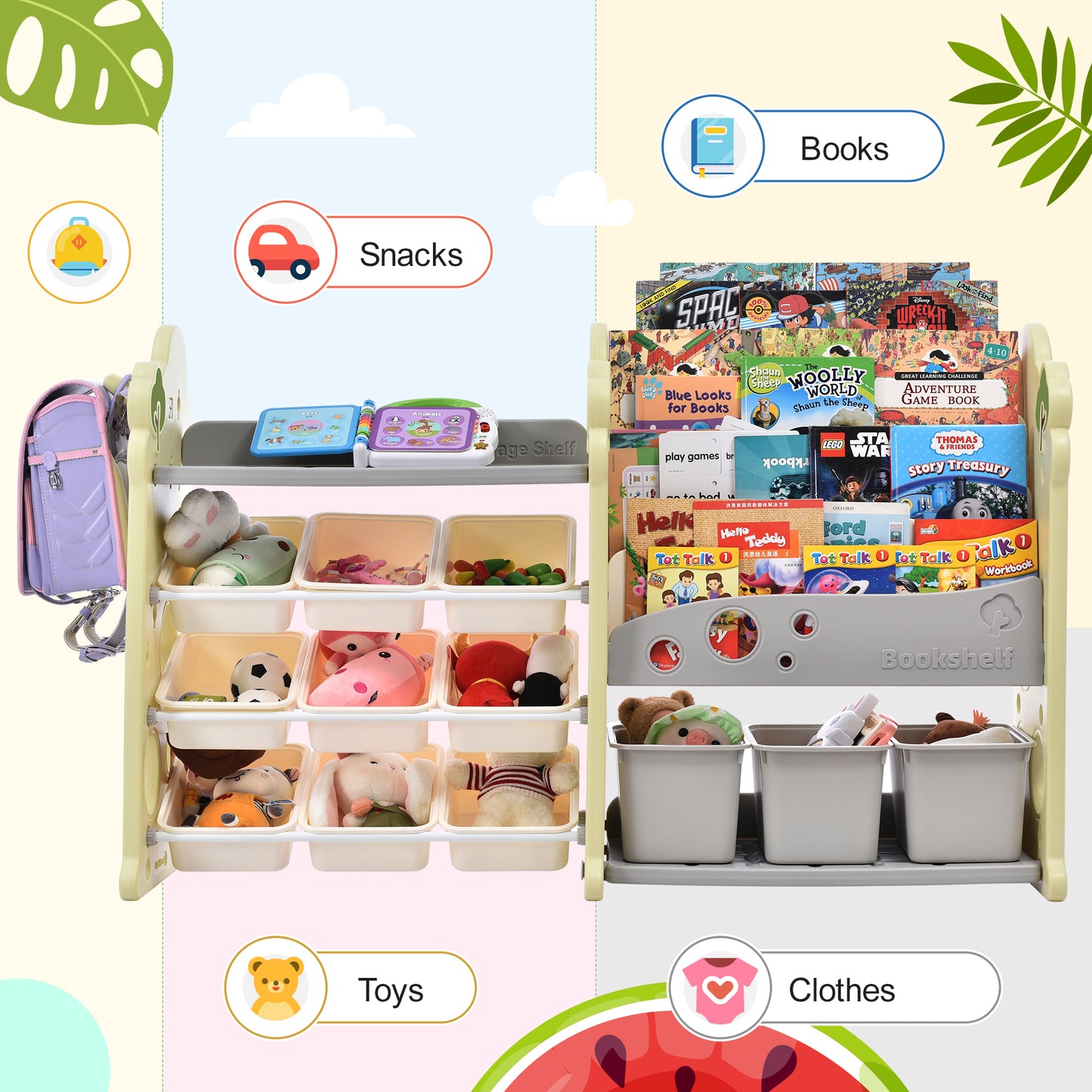 Kids Bookshelf Toy Storage Organizer: 12 Bins, 4 Bookshelves, Multi-functional Nursery Organizer, HDPE Shelf and Bins