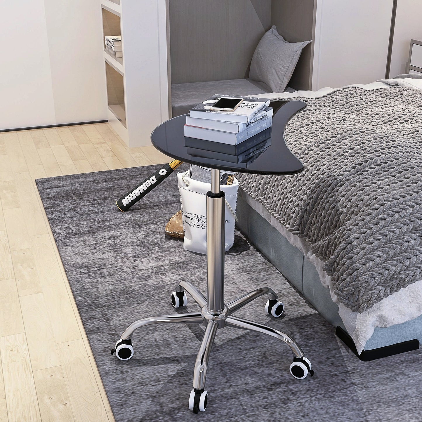 Adjustable Height Black Tempered Glass Table Desk with Lockable Wheels | Adjustable Range 24.2" to 32.7"
