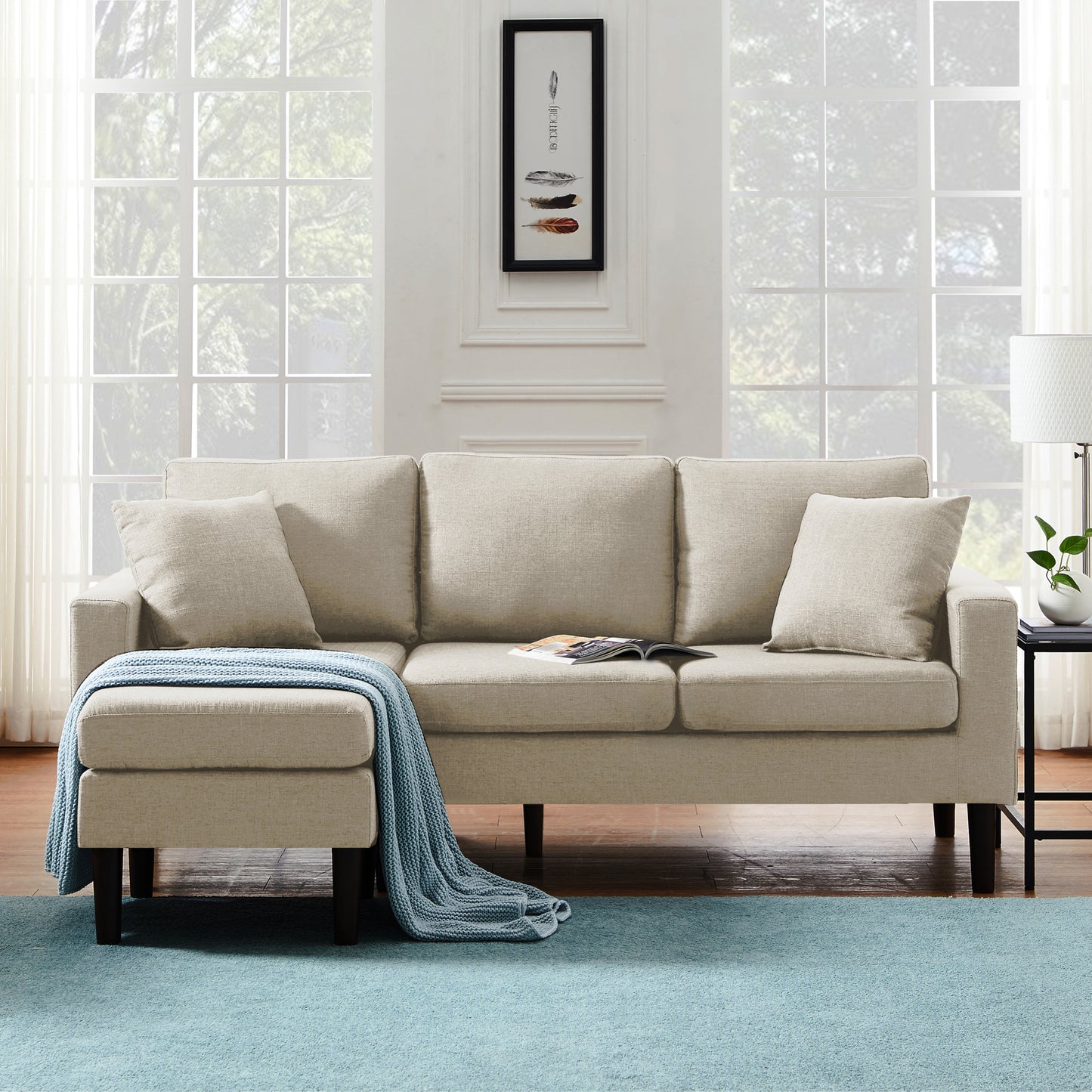 72" Sectional Sofa Left Hand Facing with 2 Pillows, Beige Fabric: Comfortable and Stylish Addition to Any Living Space