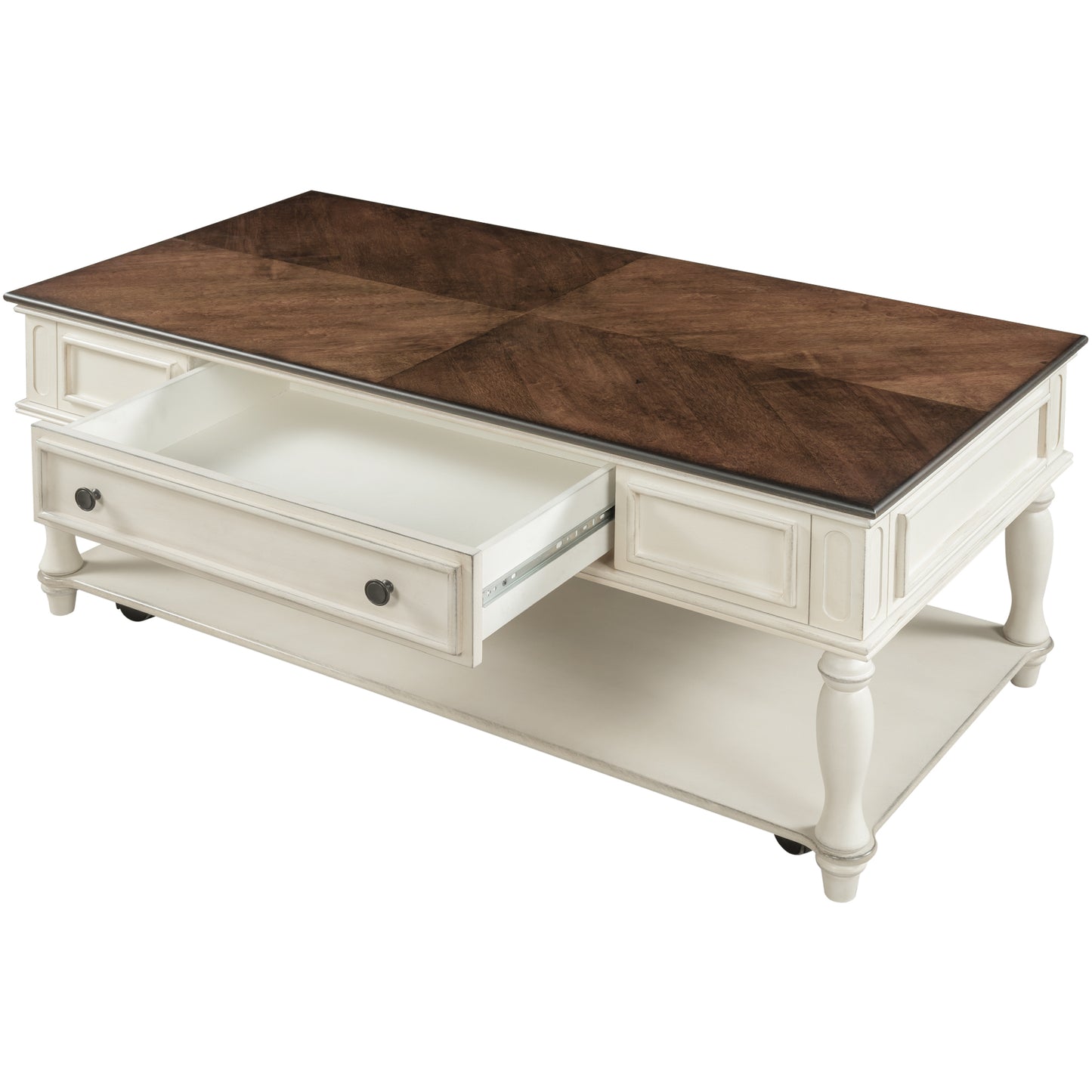 Retro Two-tone Cocktail Table Coffee Table with Caster Wheels | Easy Assembly | Movable | Livingroom Furniture | Antique White Color