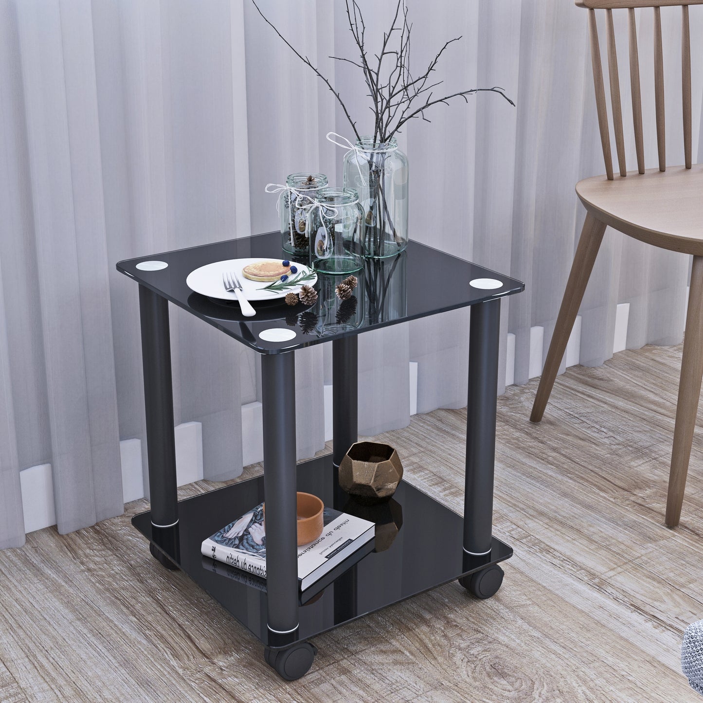 2-Piece Black Side Table: 2-Tier Space End Table, Modern Night Stand with Storage Shelve