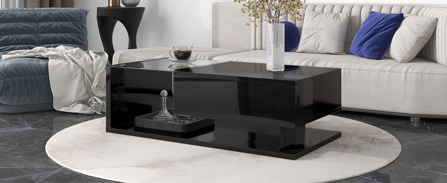 ON-TREND Modern Coffee Table with Tempered Glass, Wooden Cocktail Table, High-gloss UV Surface, 2-Tier Rectangle Center Table for Living Room, Black
