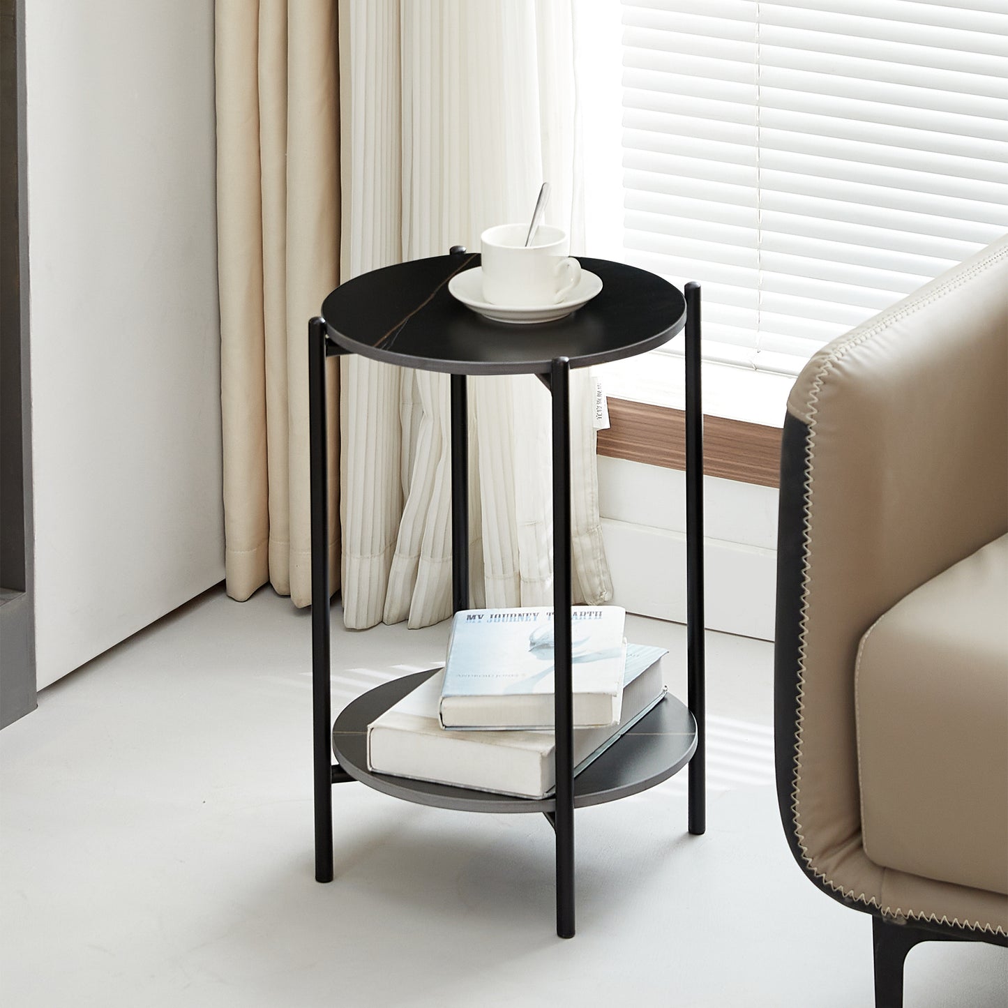 2-Layer End Table with Whole Marble Tabletop, Round Coffee Table for Bedroom Living Room Office. Black Metal Frame. 1 Piece.