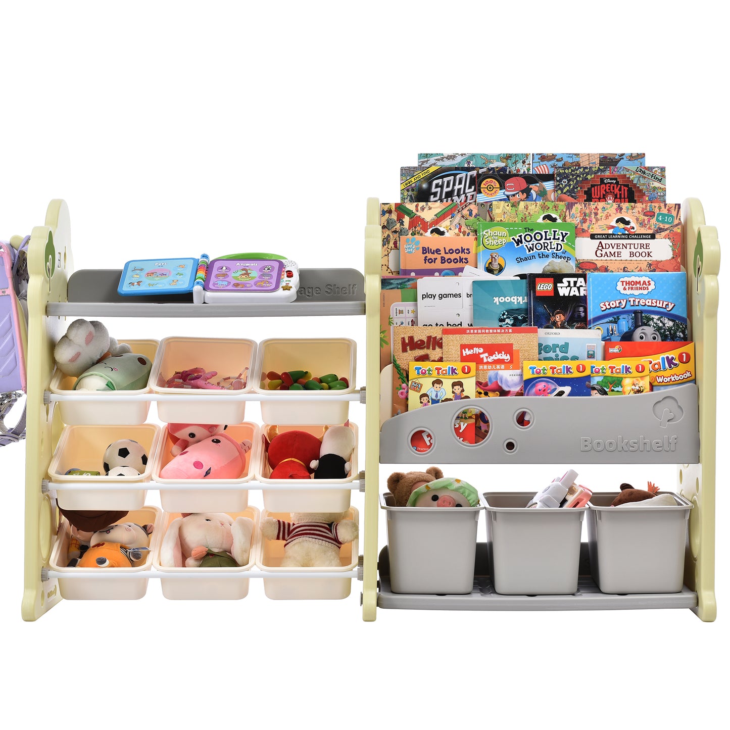 Kids Bookshelf Toy Storage Organizer: 12 Bins, 4 Bookshelves, Multi-functional Nursery Organizer, HDPE Shelf and Bins