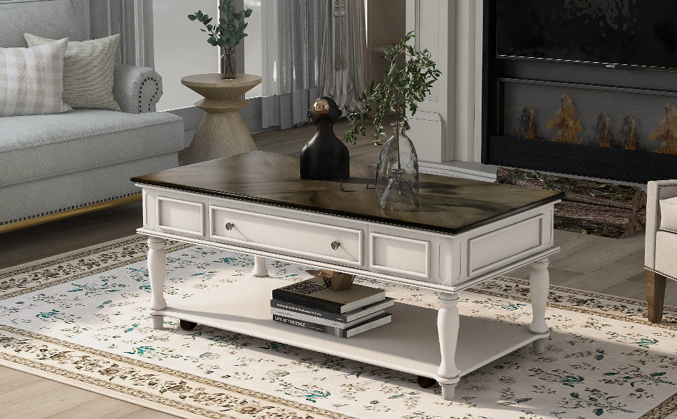 ON-TREND Two-tone Retro Cocktail Table: Easy Assembly, Movable with Caster Wheels for Livingroom (Antique Gray)