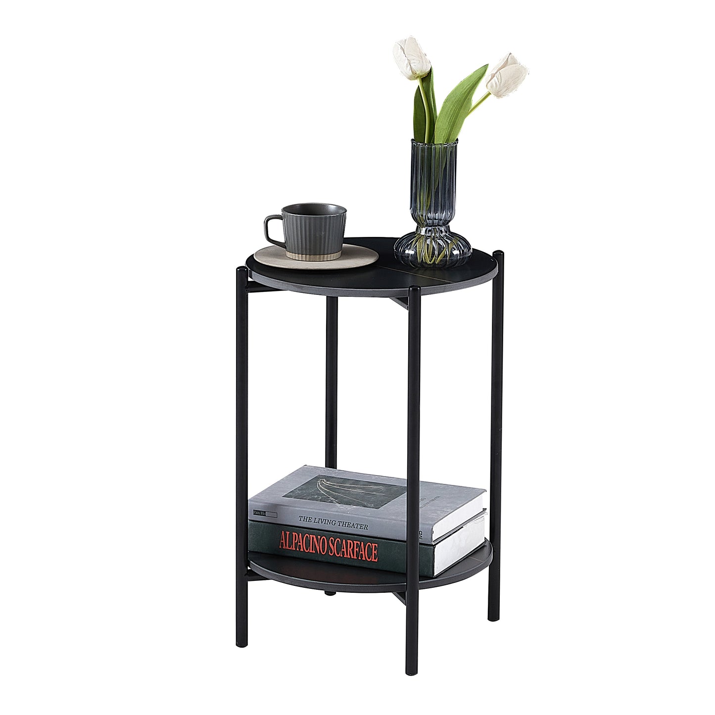 2-Layer End Table with Whole Marble Tabletop, Round Coffee Table for Bedroom Living Room Office. Black Metal Frame. 1 Piece.