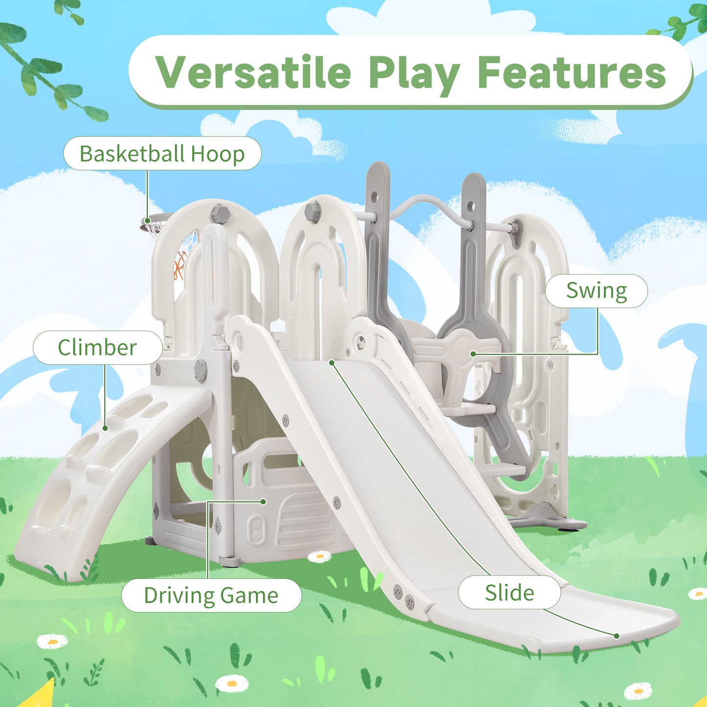 Toddler Slide and Swing Set: 5 in 1, Kids Playground Climber Slide Playset with Basketball Hoop - Freestanding Combination for Indoor & Outdoor Use