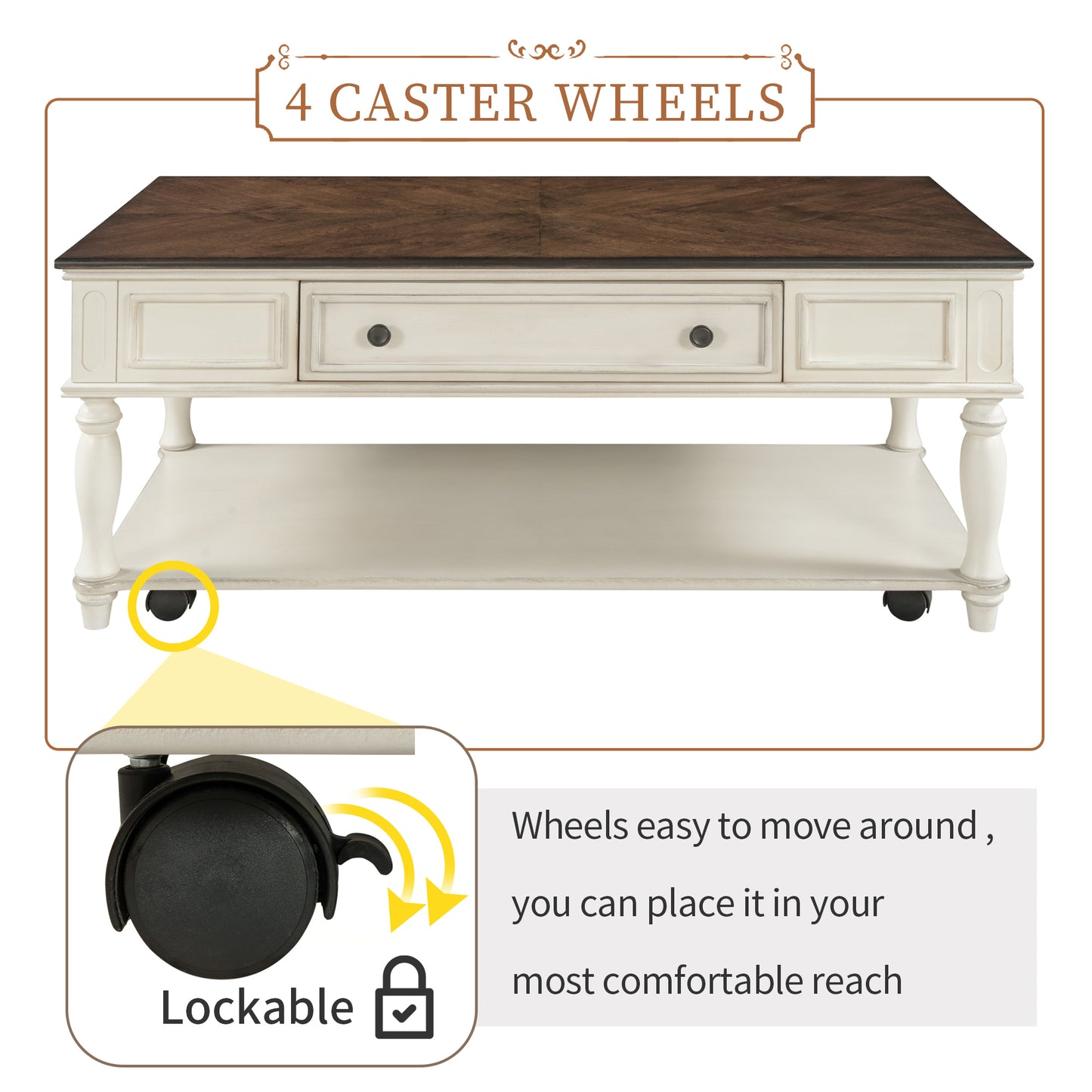 Retro Two-tone Cocktail Table Coffee Table with Caster Wheels | Easy Assembly | Movable | Livingroom Furniture | Antique White Color