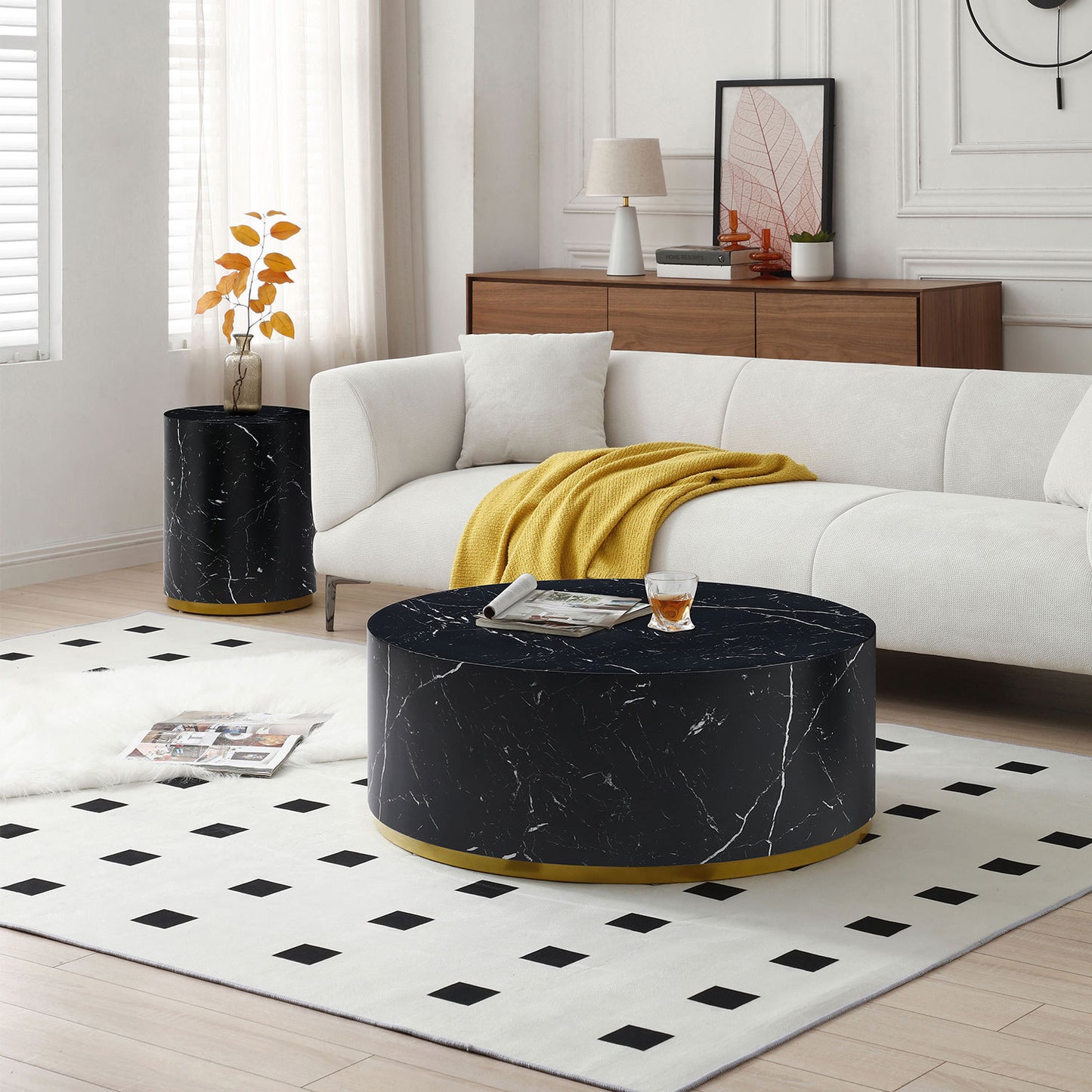 Modern Faux Marble Coffee Tables: 35.43inch Accent Tea Tables with Gold Metal Base in Black Color