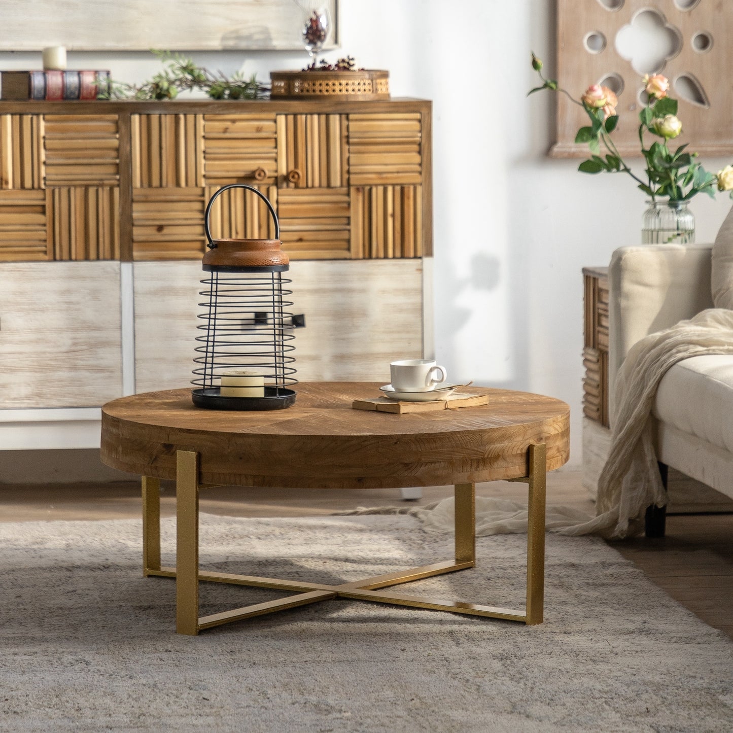31.29" Modern Retro Splicing Round Coffee Table with Gold Cross Legs - Fir Wood Table Top - Elegant and Timeless Design - Available in Multiple Colors - Perfect Addition to Any Living Space