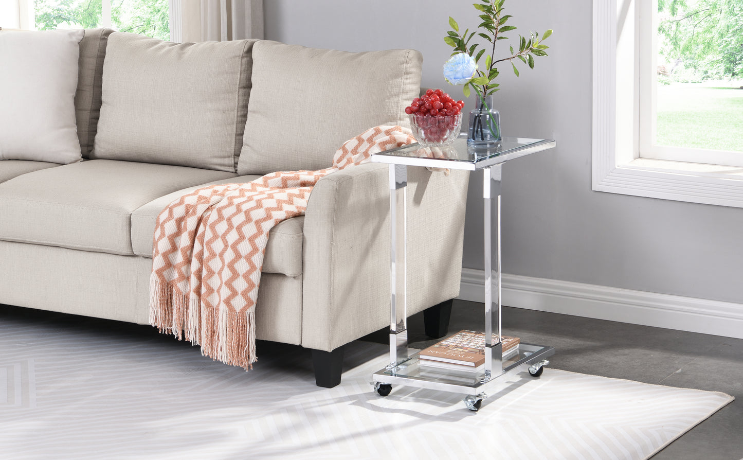 Chrome Glass Side Table - Acrylic End Table with Metal Base for Living Room, Bedroom, Balcony Home and Office - Glass Top C Shape Square Table - Stylish and Functional Furniture - Multiple Colors and Sizes Available