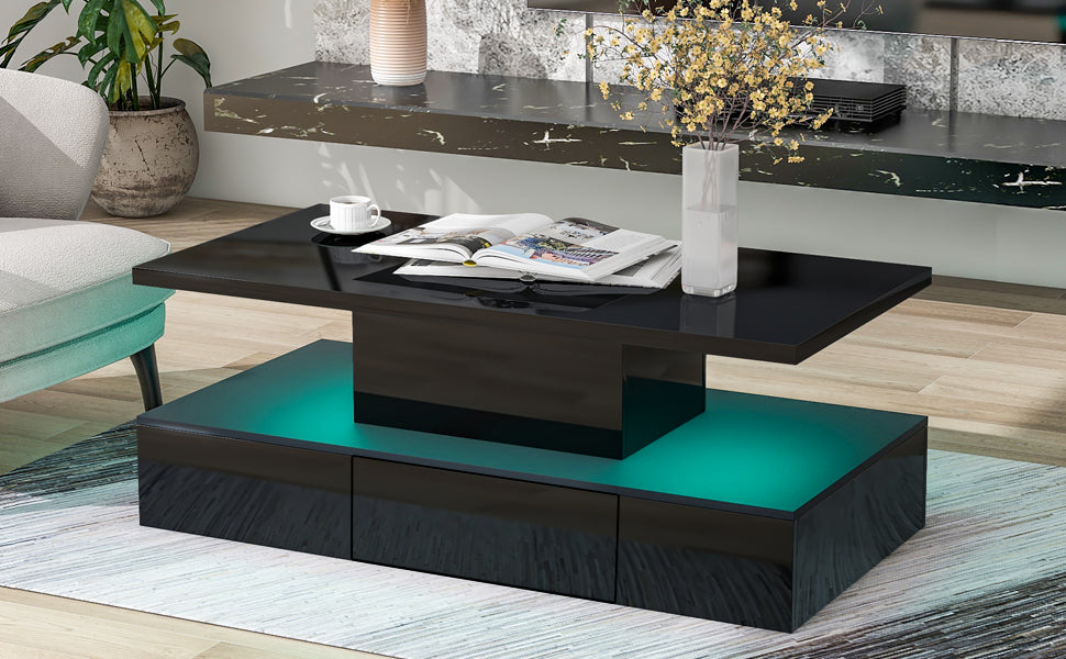 Modern Glossy Coffee Table With Drawer, 2-Tier Center Table with Plug-in LED Lighting – 16 Colors, 39.3”x19.6”x15.3”, Black