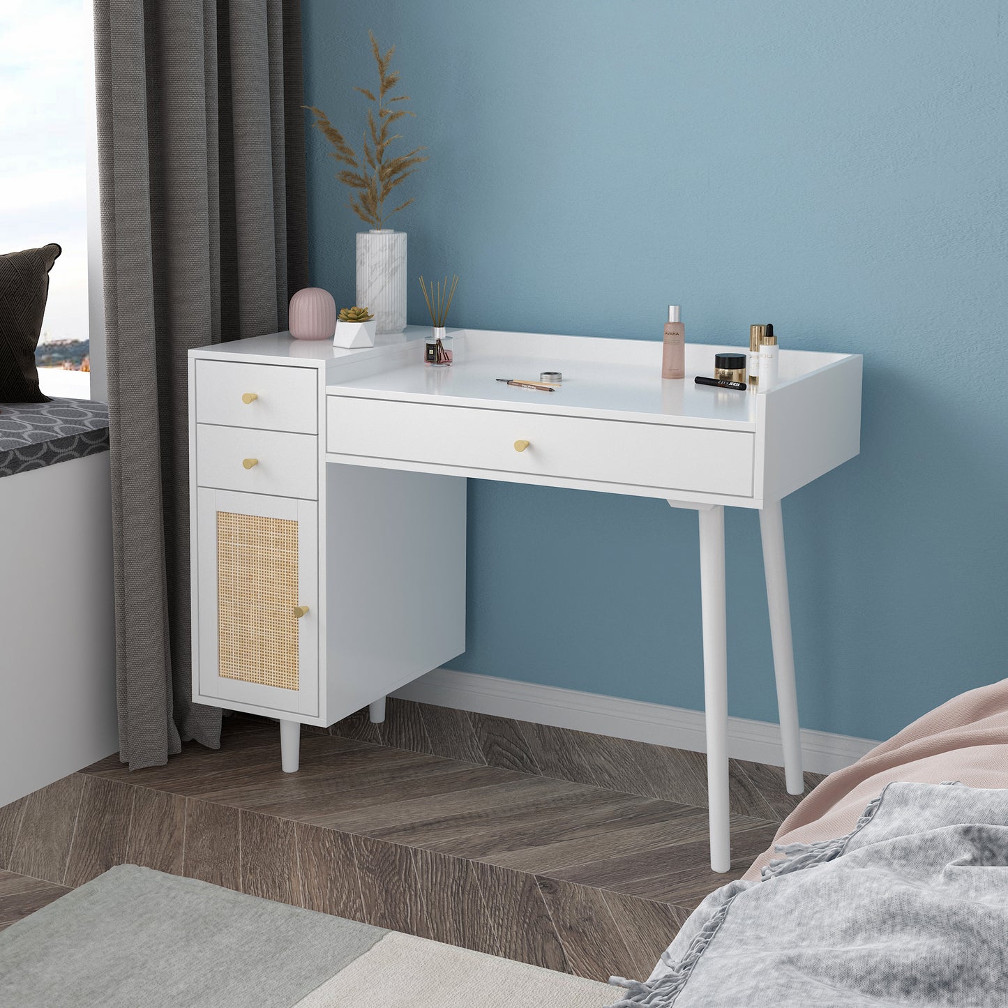 Makeup Vanity with Drawers | Mid-Century White Wood Dressing Table Desk | Rattan Door | Size Options
