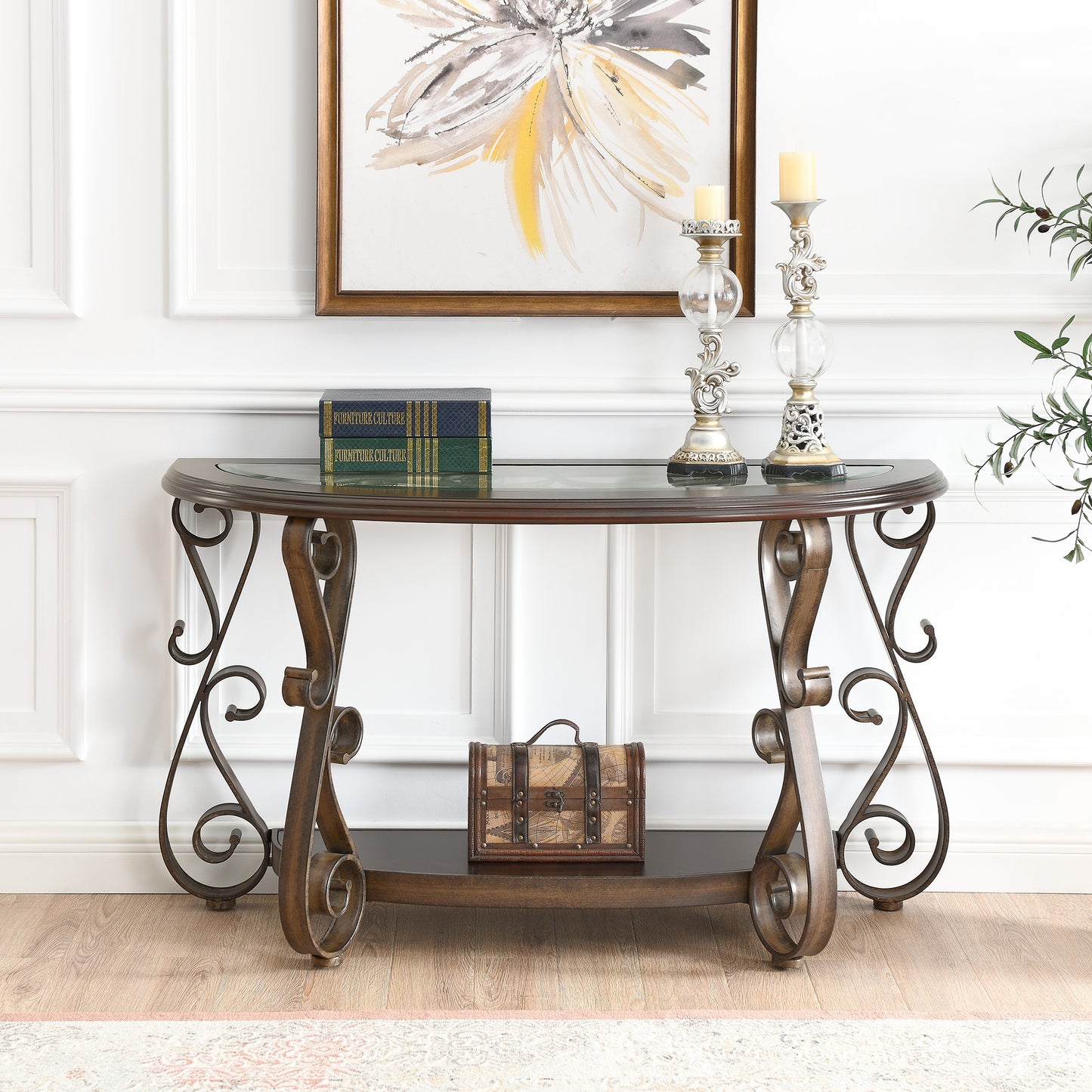 Console Table with Glass Table Top, Powder Coat Finish Metal Legs, Dark Brown - 25.5"X25.5"X23.5"