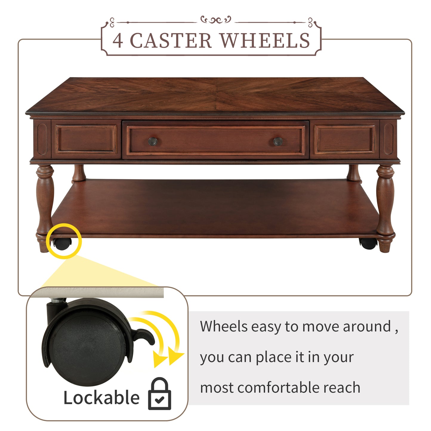 Retro Cocktail Table Coffee Table for Livingroom - Easy Assembly, Movable & Stylish with Caster Wheels - Espresso Finish