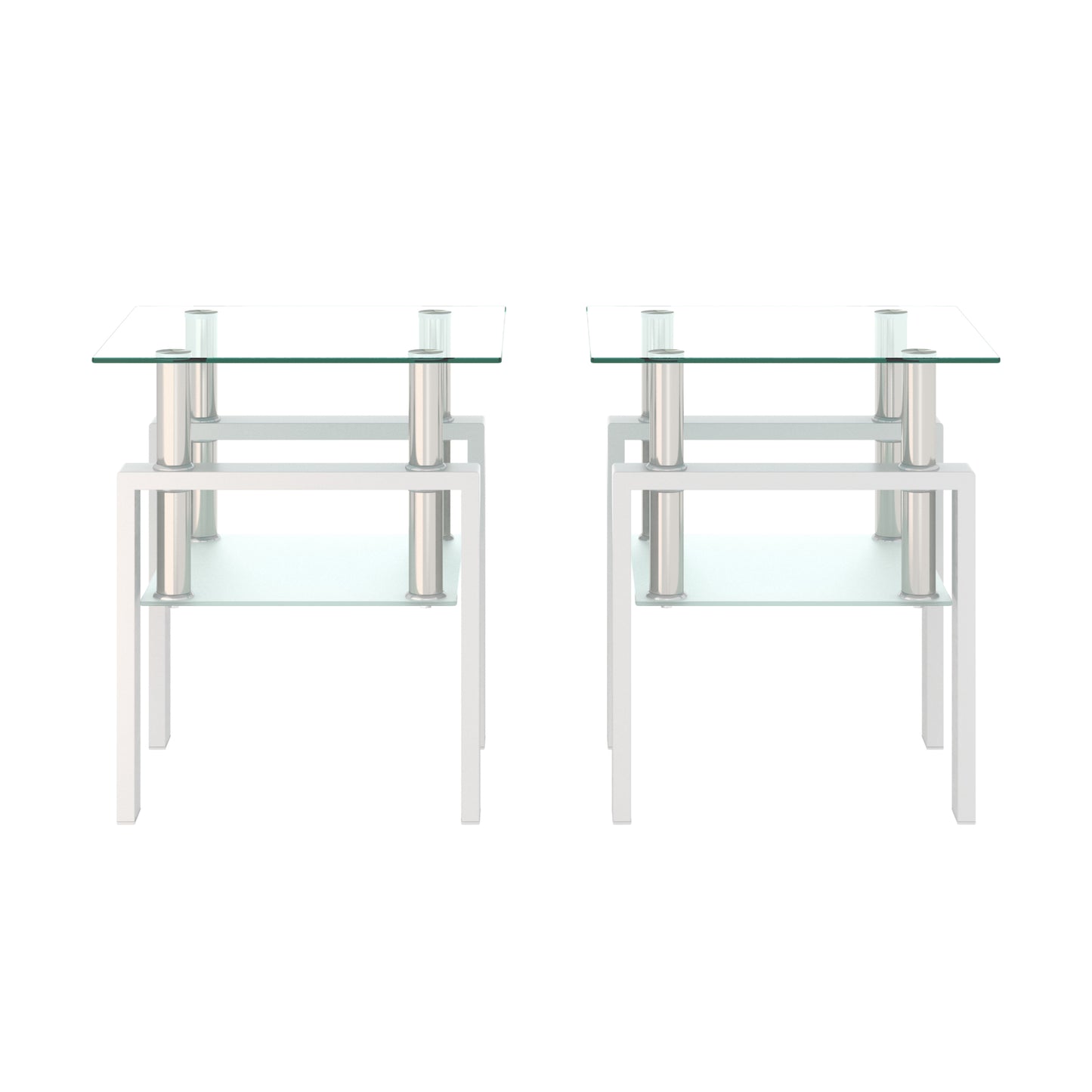 Square Tempered Glass Tea Table Coffee Table End Table Set, Modern and Transparent/White Design for Living Room