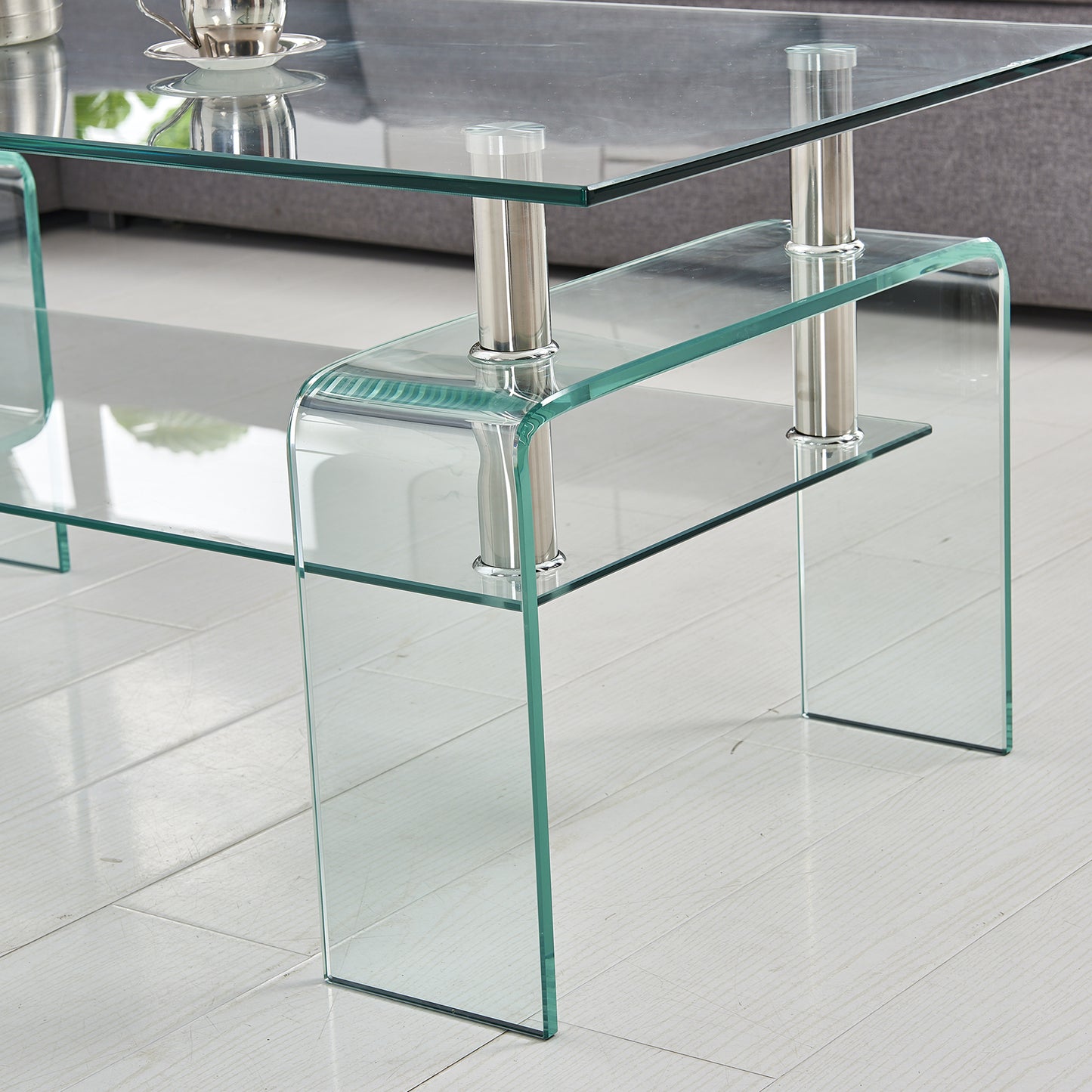 Rectangle Clear Glass Coffee Table, Modern 2-Tier Storage Center, Tempered Glass Tea Table for Living Room