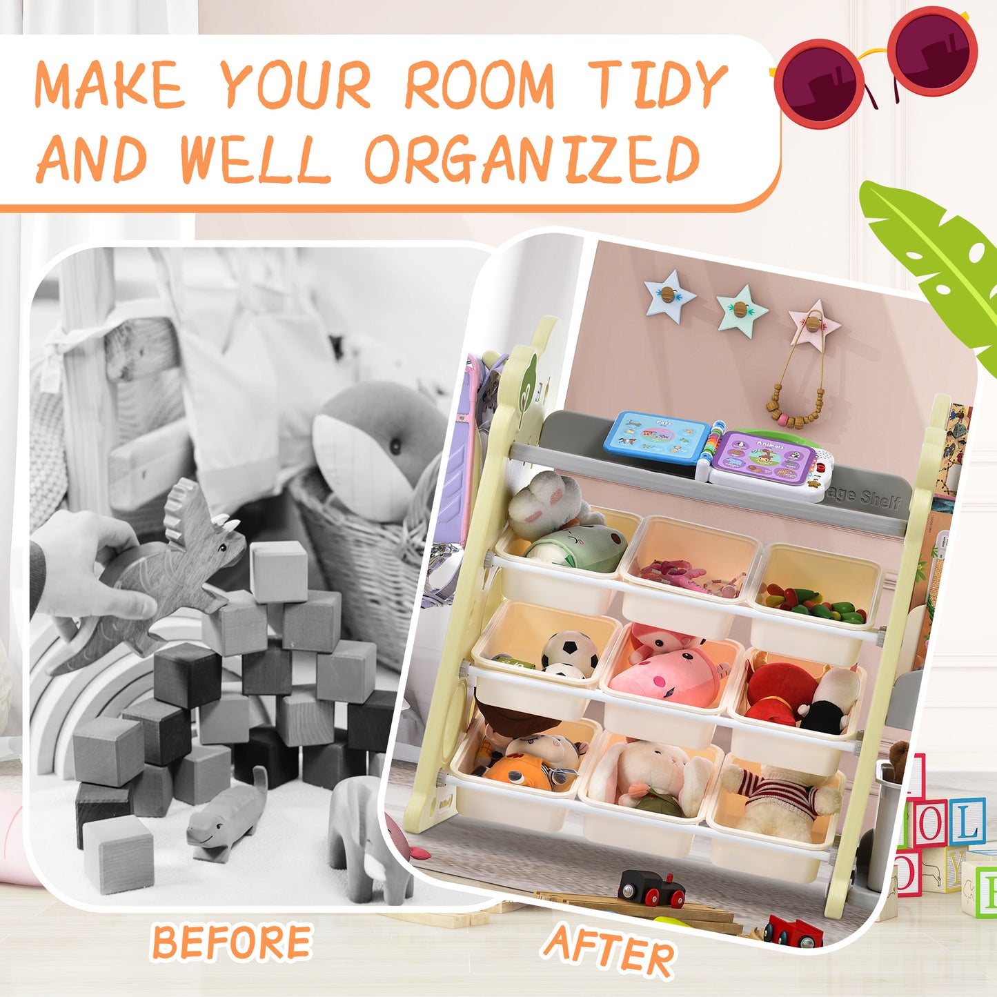 Kids Bookshelf Toy Storage Organizer: 12 Bins, 4 Bookshelves, Multi-functional Nursery Organizer, HDPE Shelf and Bins