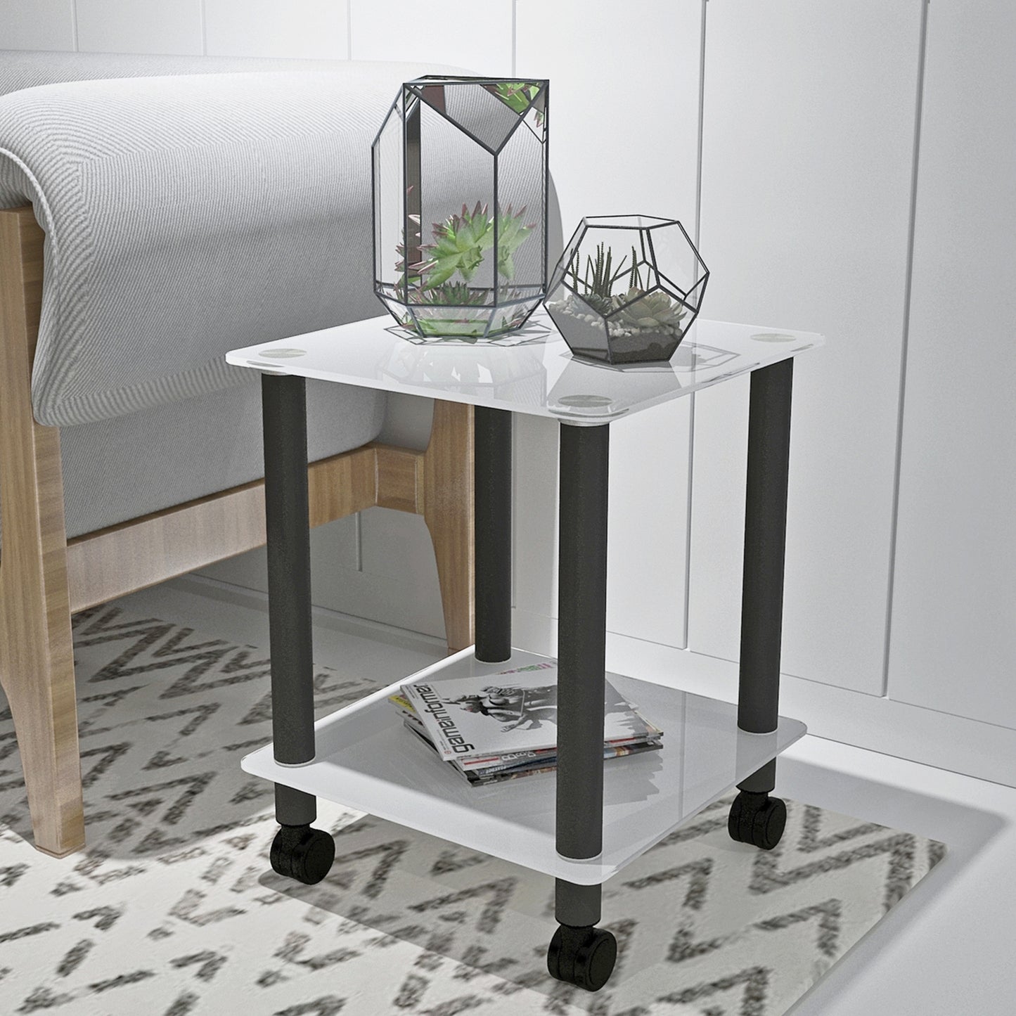 1-Piece White+Black Side Table, 2-Tier Space End Table, Modern Night Stand, Sofa Table with Storage Shelf - Stylish and Functional Furniture for Living Room, Bedroom, or Office