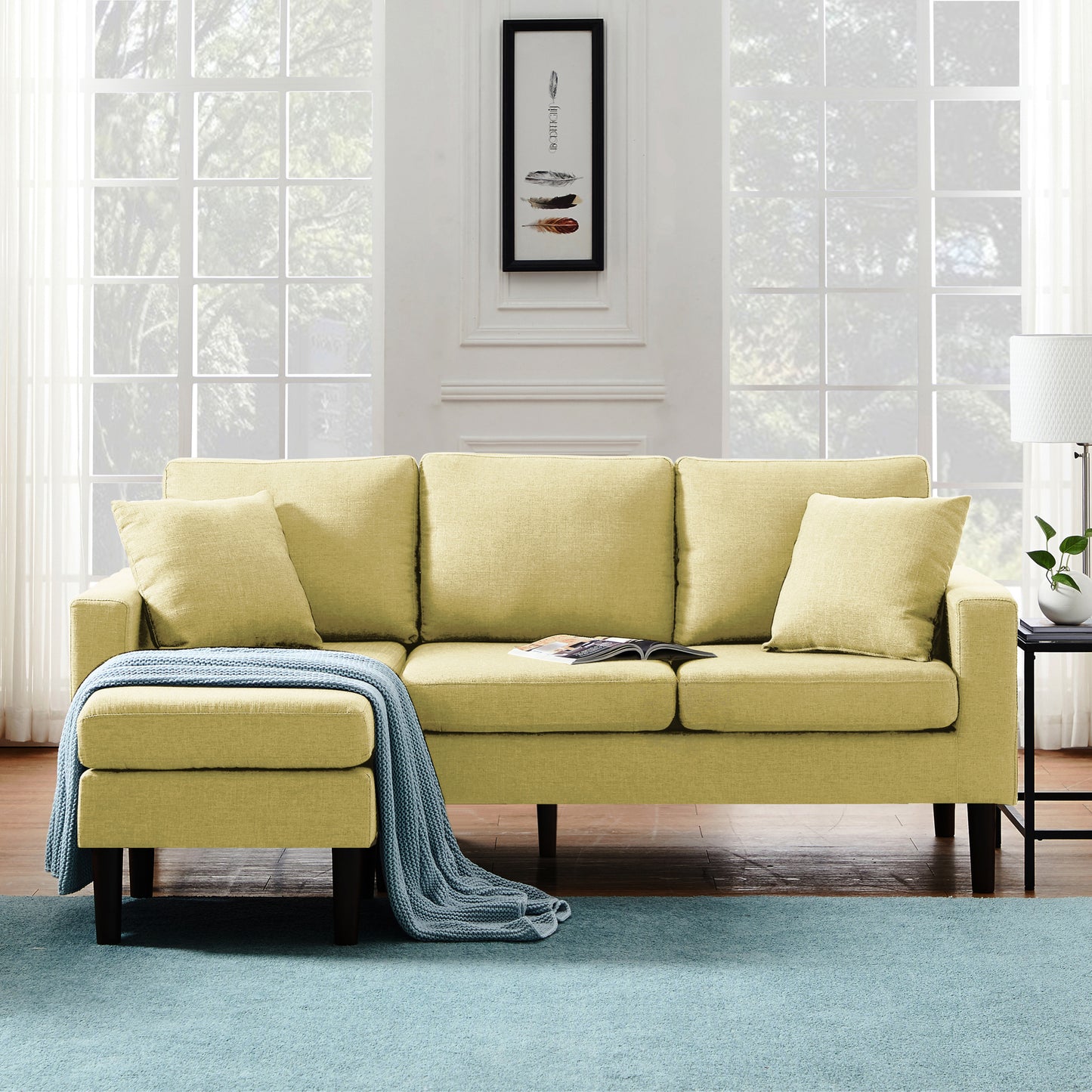 72" Sectional Sofa, Left Hand Facing with 2 Pillows, Yellow Fabric - Size & Color Options