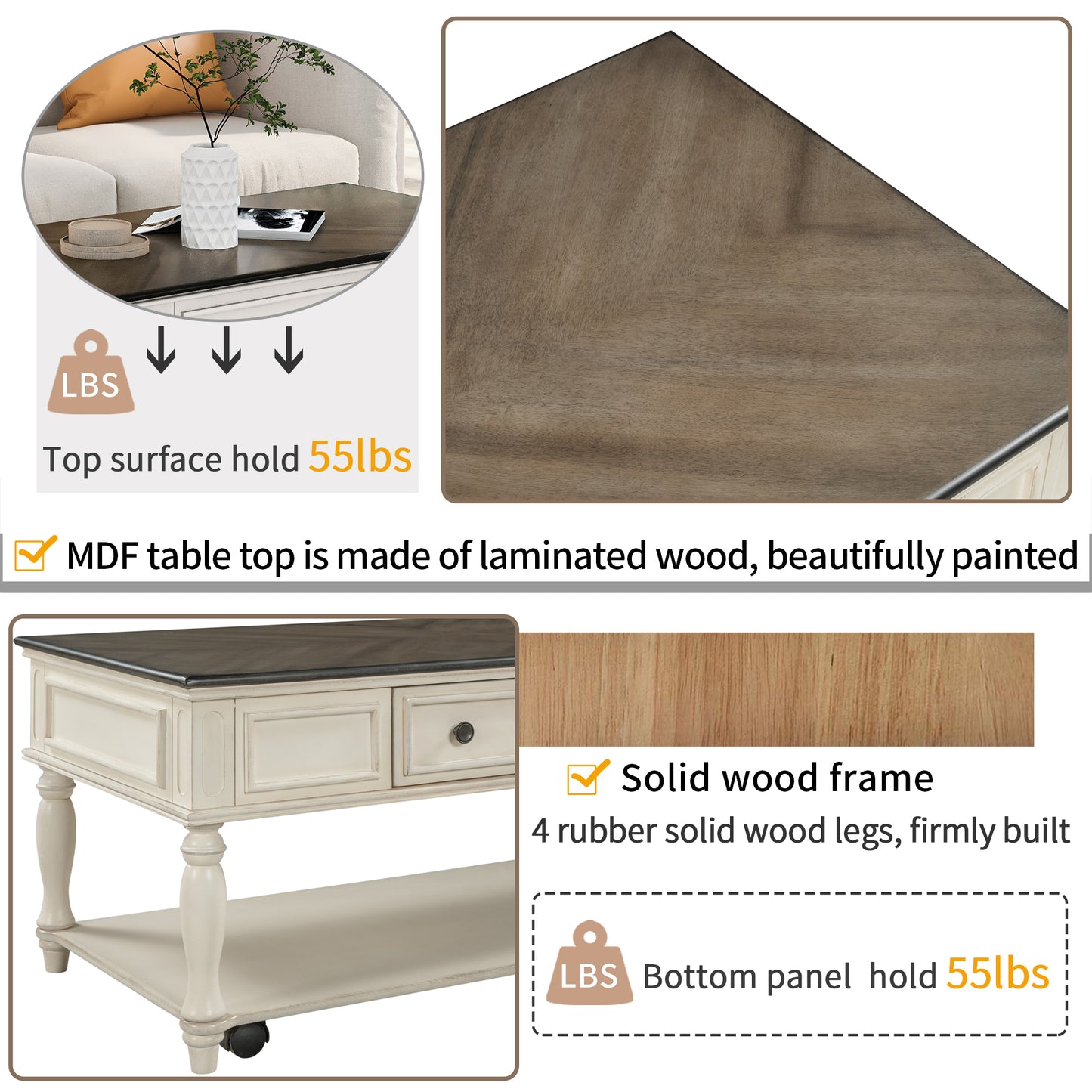 ON-TREND Two-tone Retro Cocktail Table: Easy Assembly, Movable with Caster Wheels for Livingroom (Antique Gray)