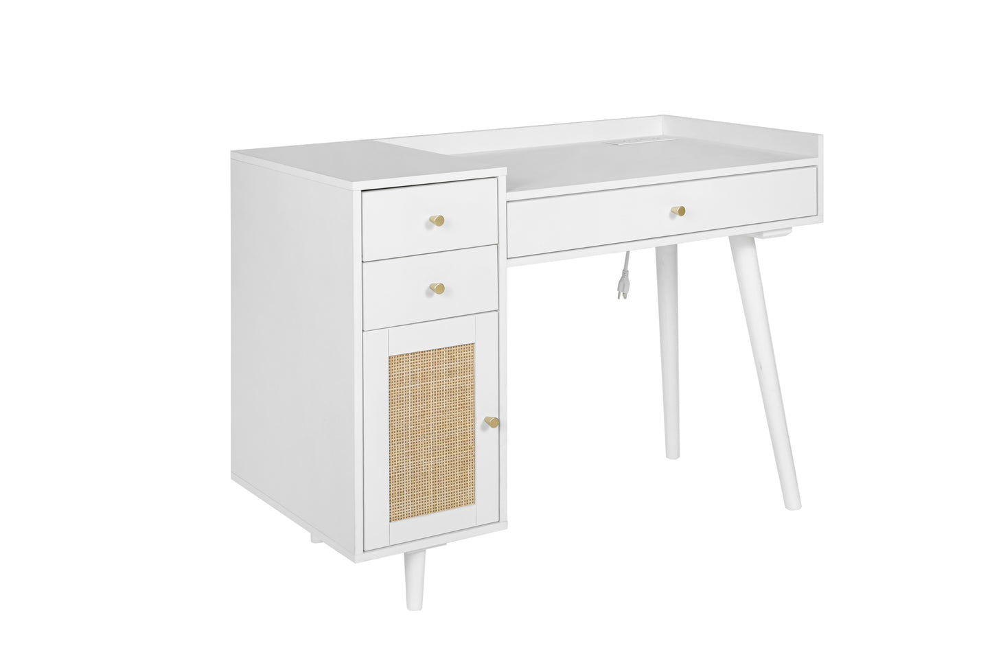 Makeup Vanity with Drawers | Mid-Century White Wood Dressing Table Desk | Rattan Door | Size Options