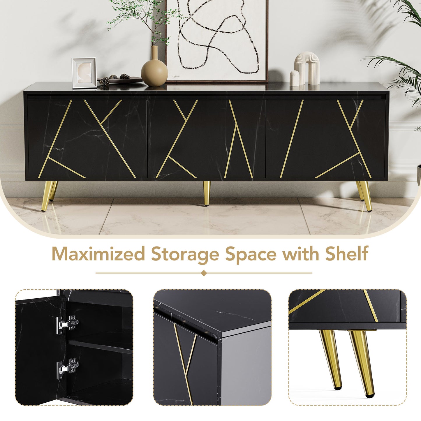 Modern TV Stand for 65" TV, Media Console Table, Entertainment Center with Large Storage Cabinet - Stylish and Functional Furniture for Living Room or Bedroom, Black