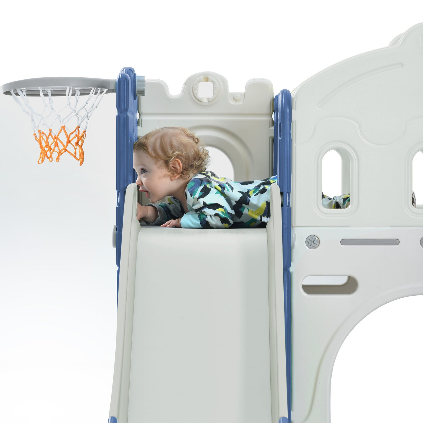 Kids Slide Playset Structure, Freestanding Castle Climber with Slide and Basketball Hoop, Toy Storage Organizer for Toddlers, Kids Climbers Playhouse for Indoor Outdoor Playground Activity
