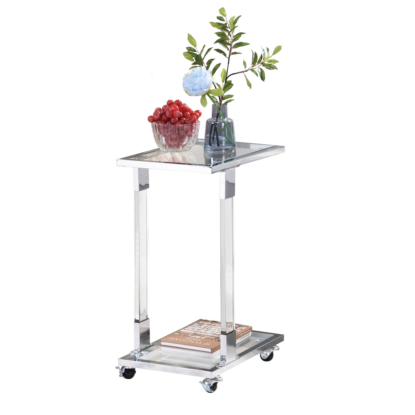 Chrome Glass Side Table - Acrylic End Table with Metal Base for Living Room, Bedroom, Balcony Home and Office - Glass Top C Shape Square Table - Stylish and Functional Furniture - Multiple Colors and Sizes Available