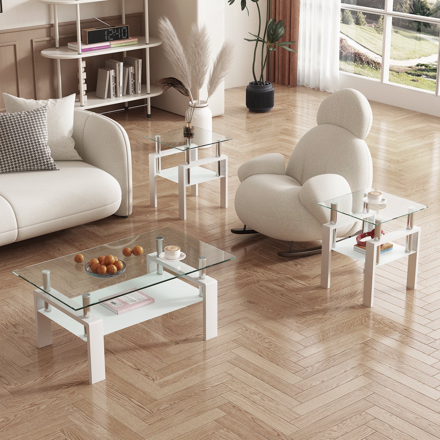 Square Tempered Glass Tea Table Coffee Table End Table Set, Modern and Transparent/White Design for Living Room