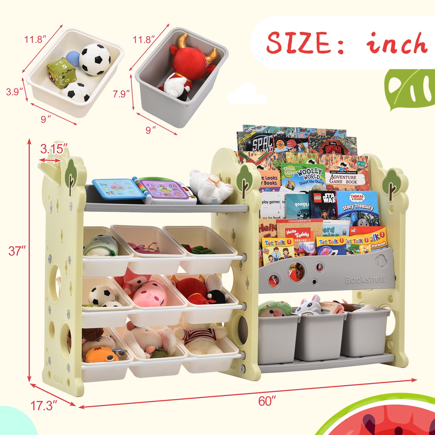Kids Bookshelf Toy Storage Organizer: 12 Bins, 4 Bookshelves, Multi-functional Nursery Organizer, HDPE Shelf and Bins